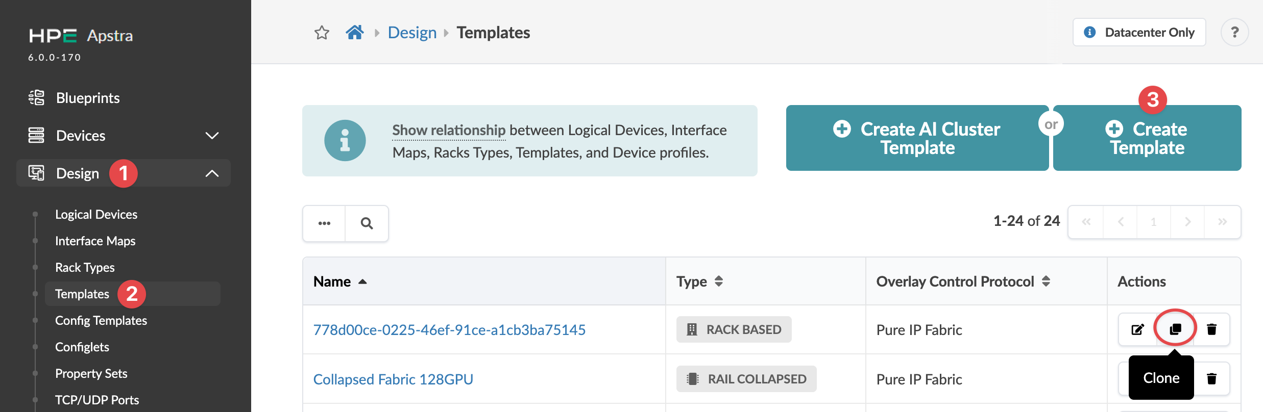 User interface of HPE Apstra in the Design section under Templates, showing navigation panel, template list with Name, Type, Overlay Control Protocol, and Actions columns, and buttons to create templates. Red circles with numbers highlight steps.