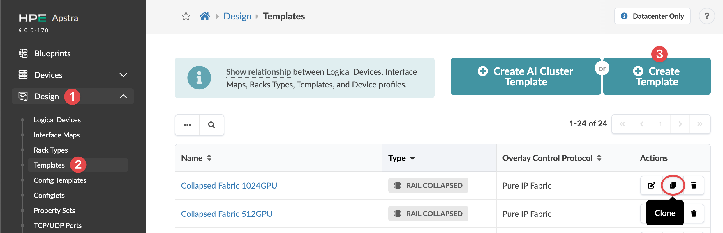 HPE Apstra interface showing the Templates section under Design menu with options to create, edit, clone, or delete network templates.
