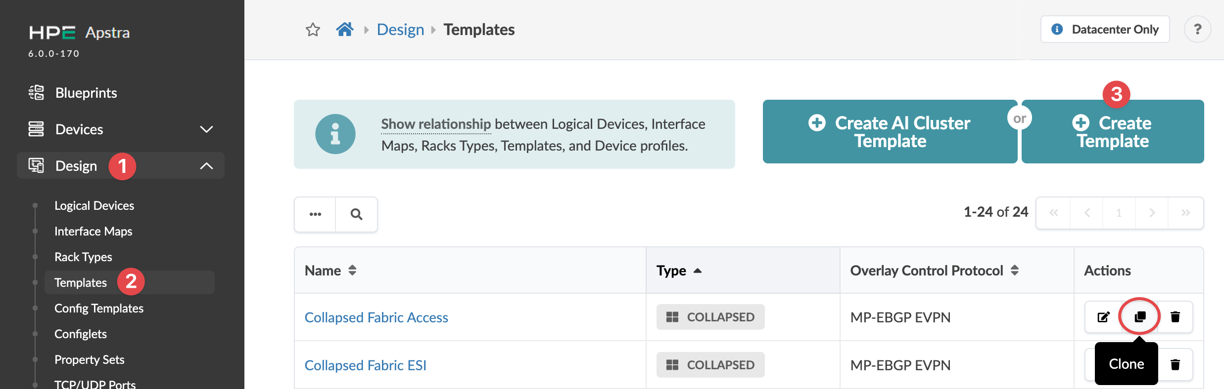 HPE Apstra interface showing the Templates section under the Design menu with options to manage and create network configuration templates. Two templates are listed with types COLLAPSED and protocol MP-EBGP EVPN. Action buttons for editing, cloning, and deleting templates are visible.