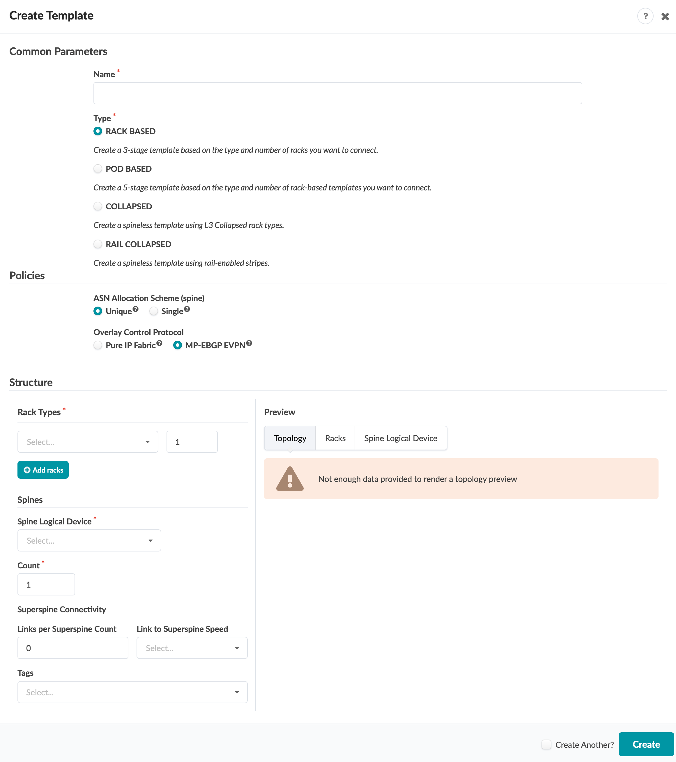 Create Template interface for network configuration with sections for common parameters like name and type, policies including ASN allocation and overlay protocol, structure details for racks and spines, preview tabs for topology and devices, and action buttons to create templates.