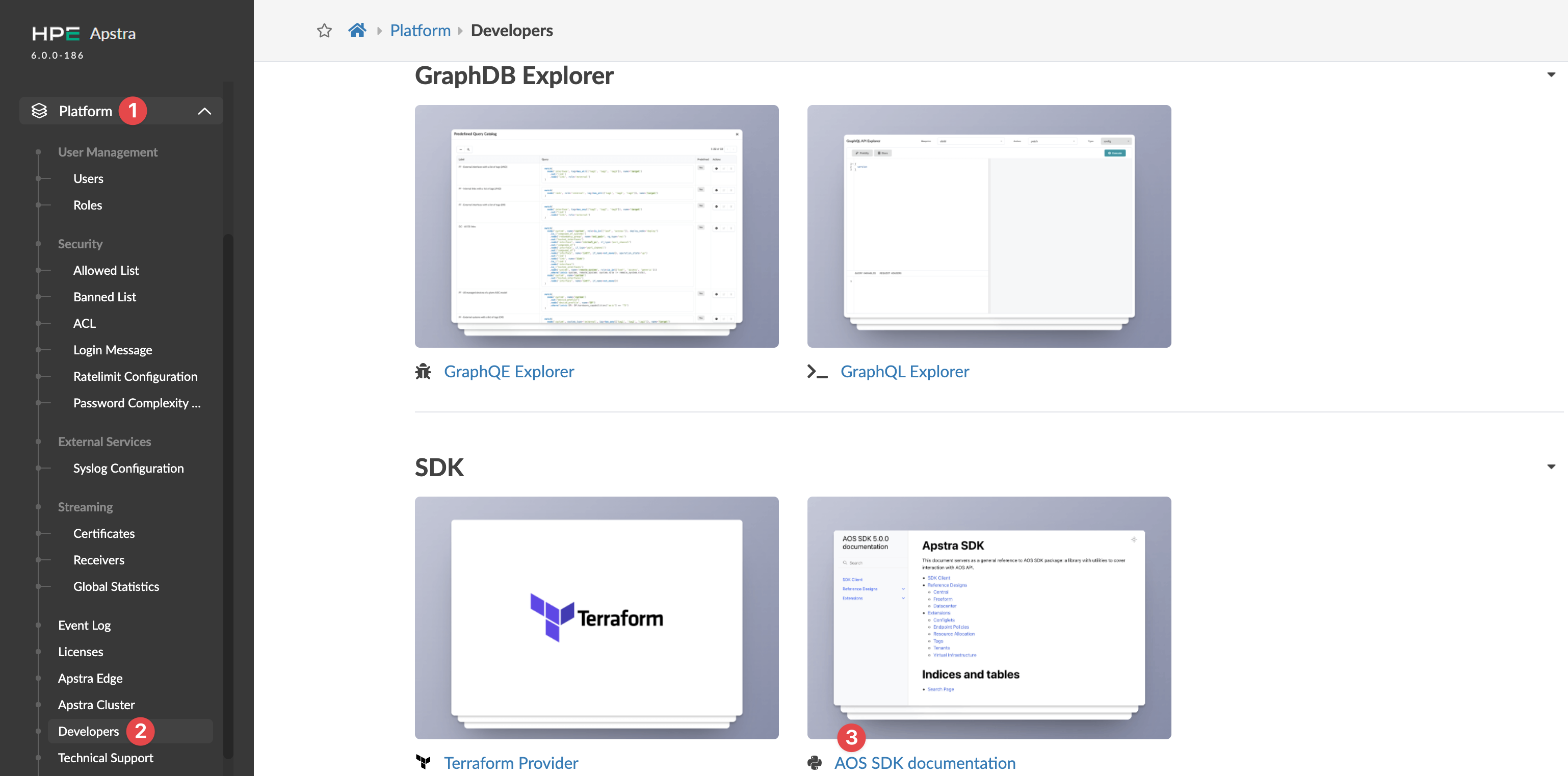 HPE Apstra Developers section interface highlighting tools like GraphQE Explorer, GraphQL Explorer, Terraform Provider, and AOS SDK Documentation with navigation menu on the left.