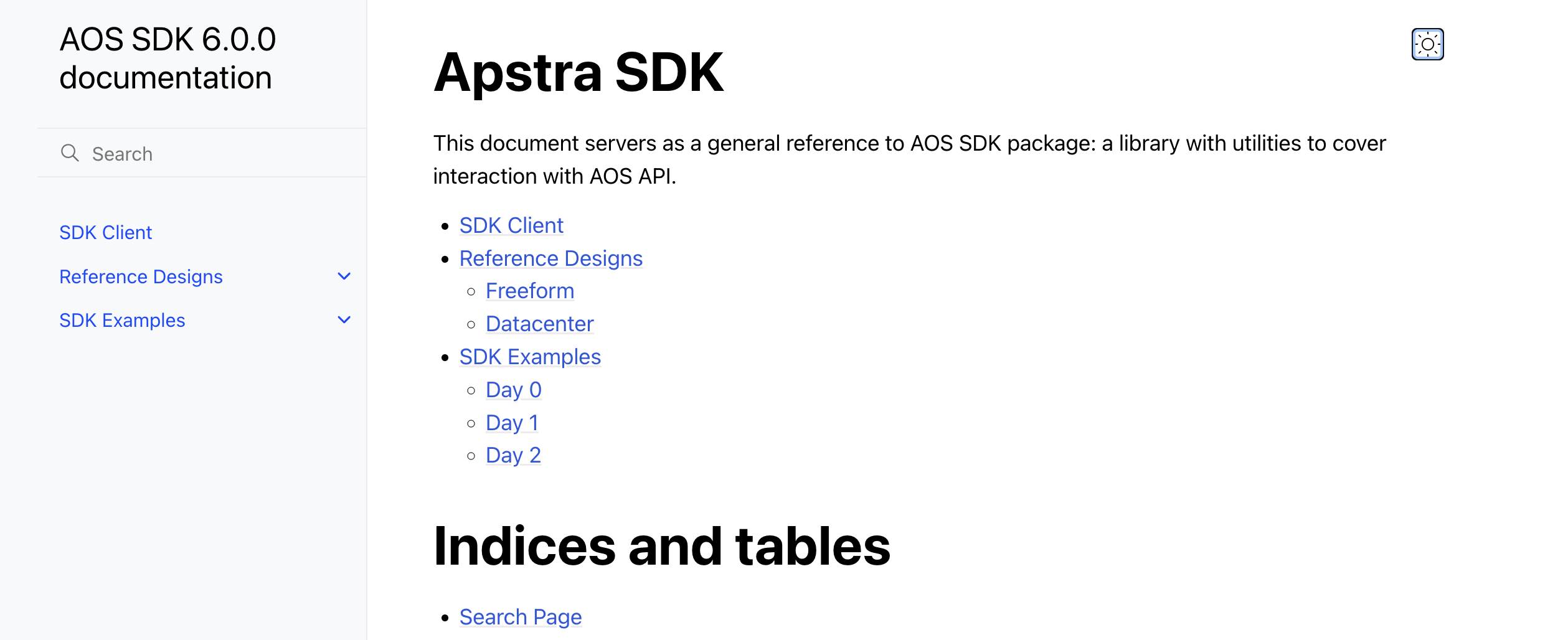 AOS SDK 6.0.0 documentation page focused on Apstra SDK with navigation links to sections like SDK Client, Reference Designs, SDK Examples, and Indices and tables with a Search Page link.