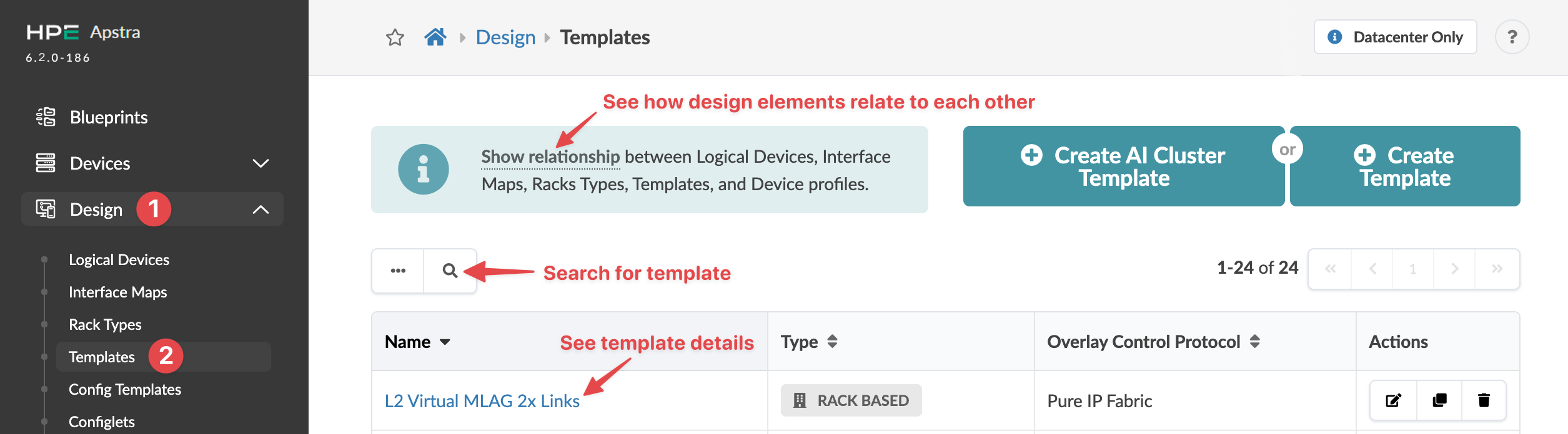Juniper Apstra Templates section under Design menu showing navigation options, template management tools, and template details with actions.