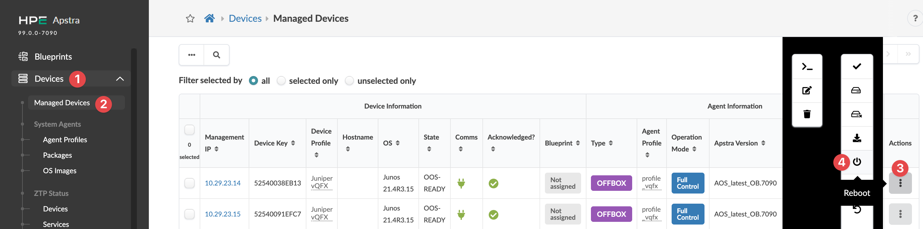 HPE Apstra Managed Devices interface showing device details like Management IP, Hostname, OS, State, Communications status, and actions menu with a Reboot option.