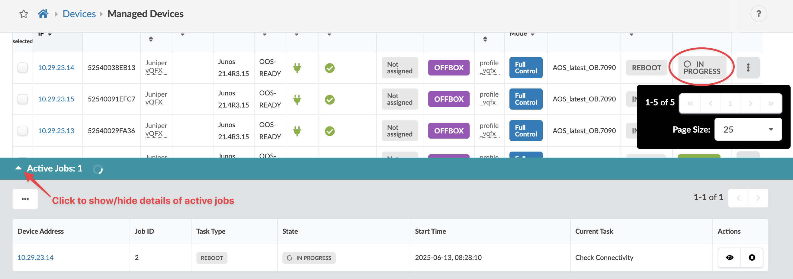 User interface for managing network devices with a table of device details, active job progress, and navigation controls for pages.