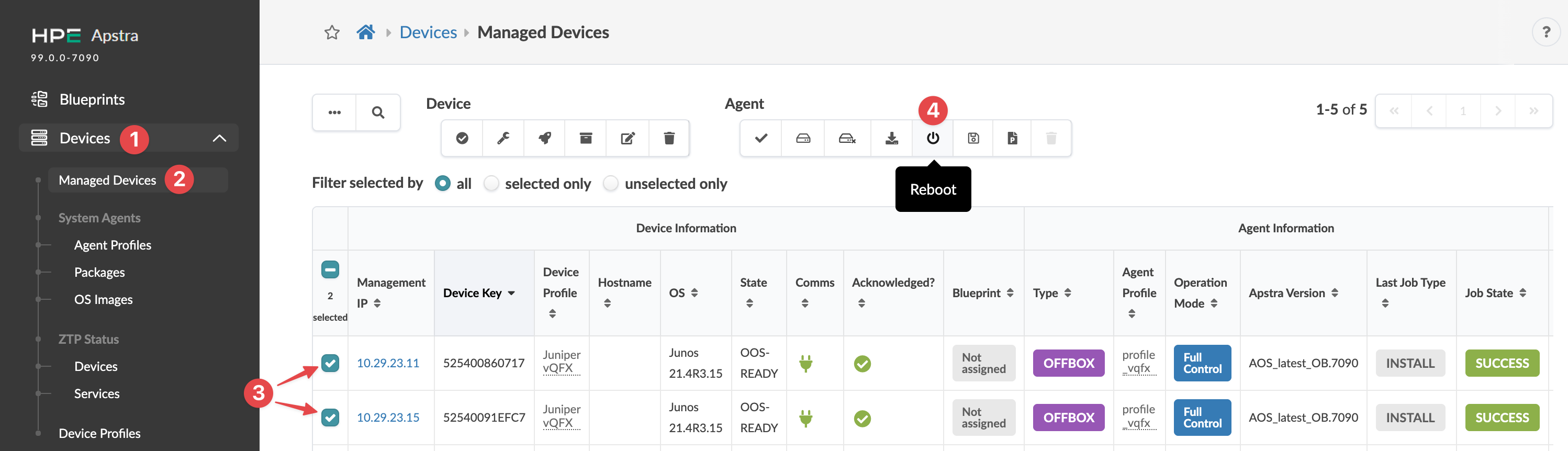HPE Apstra interface showing the Managed Devices section under Devices menu with a table listing device details like IP address, hostname, OS, and state. Two devices are selected, and actions like reboot and edit are available in the toolbar.