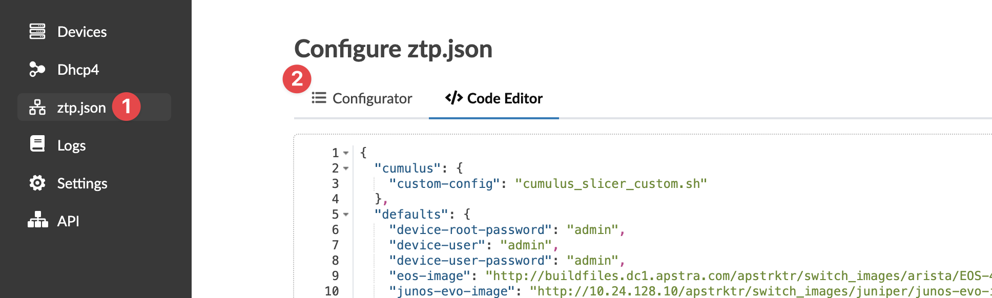 User interface for configuring ztp.json in a network automation tool, showing a sidebar with options and a code editor displaying JSON settings for device provisioning.