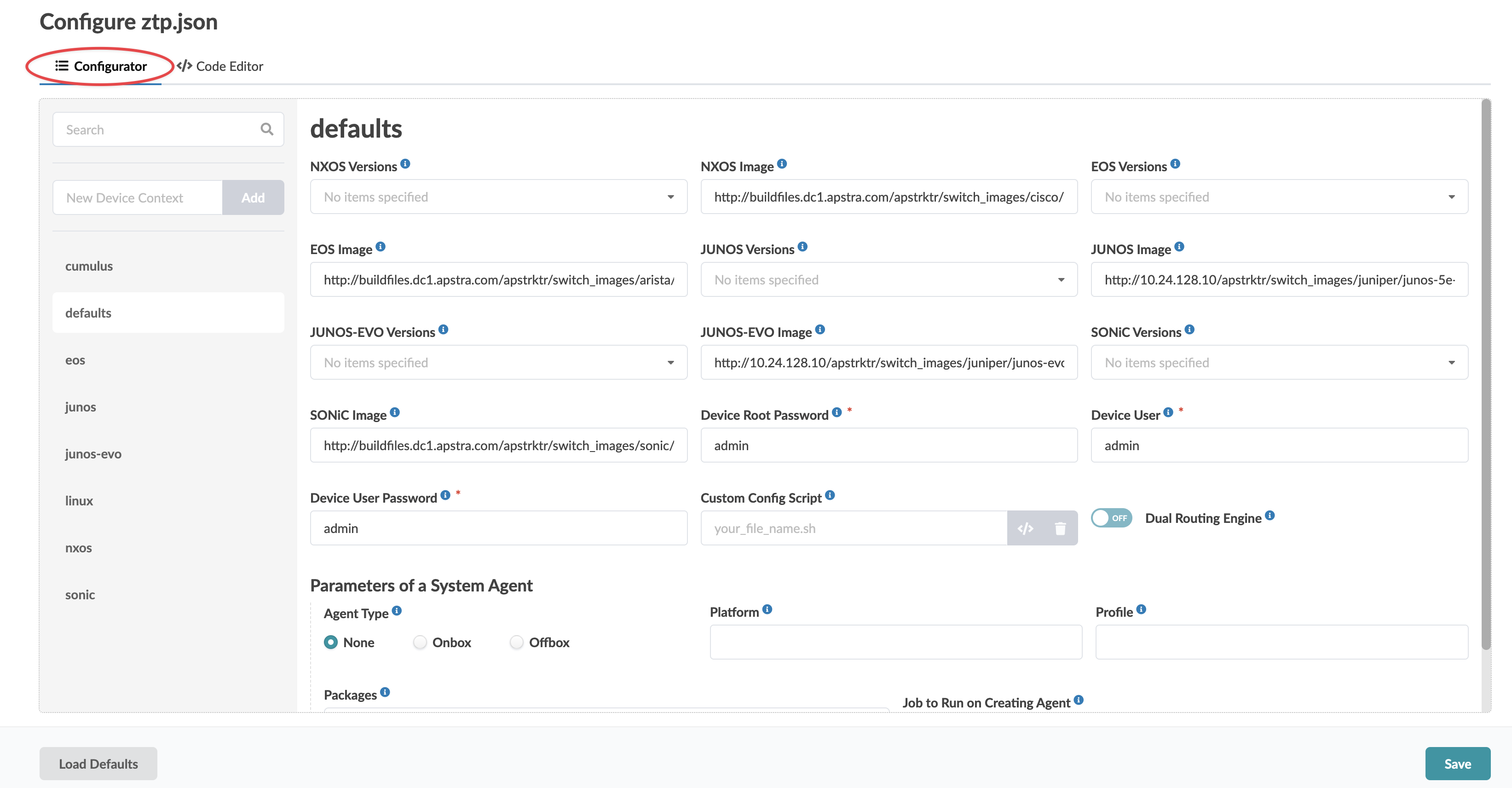 Configuration interface for editing ztp.json file with navigation menu on the left and fields for specifying NOS versions, device credentials, and additional settings. Includes Load Defaults and Save buttons.