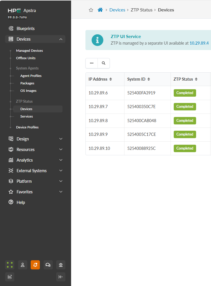 HPE Apstra user interface showing ZTP Status under Devices with a table listing IP Address, System ID, and ZTP Status as Completed in green labels.