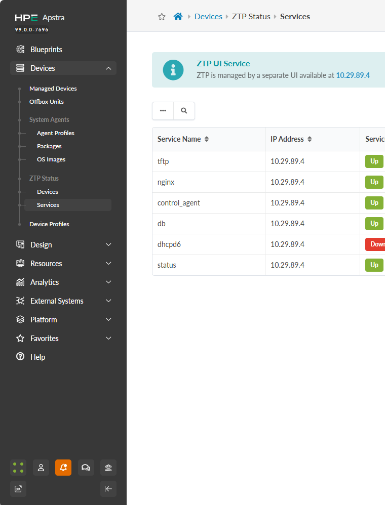 HPE Apstra ZTP Status Services interface showing service names, IP addresses, and statuses. Most services are Up; dhcpd6 is Down.