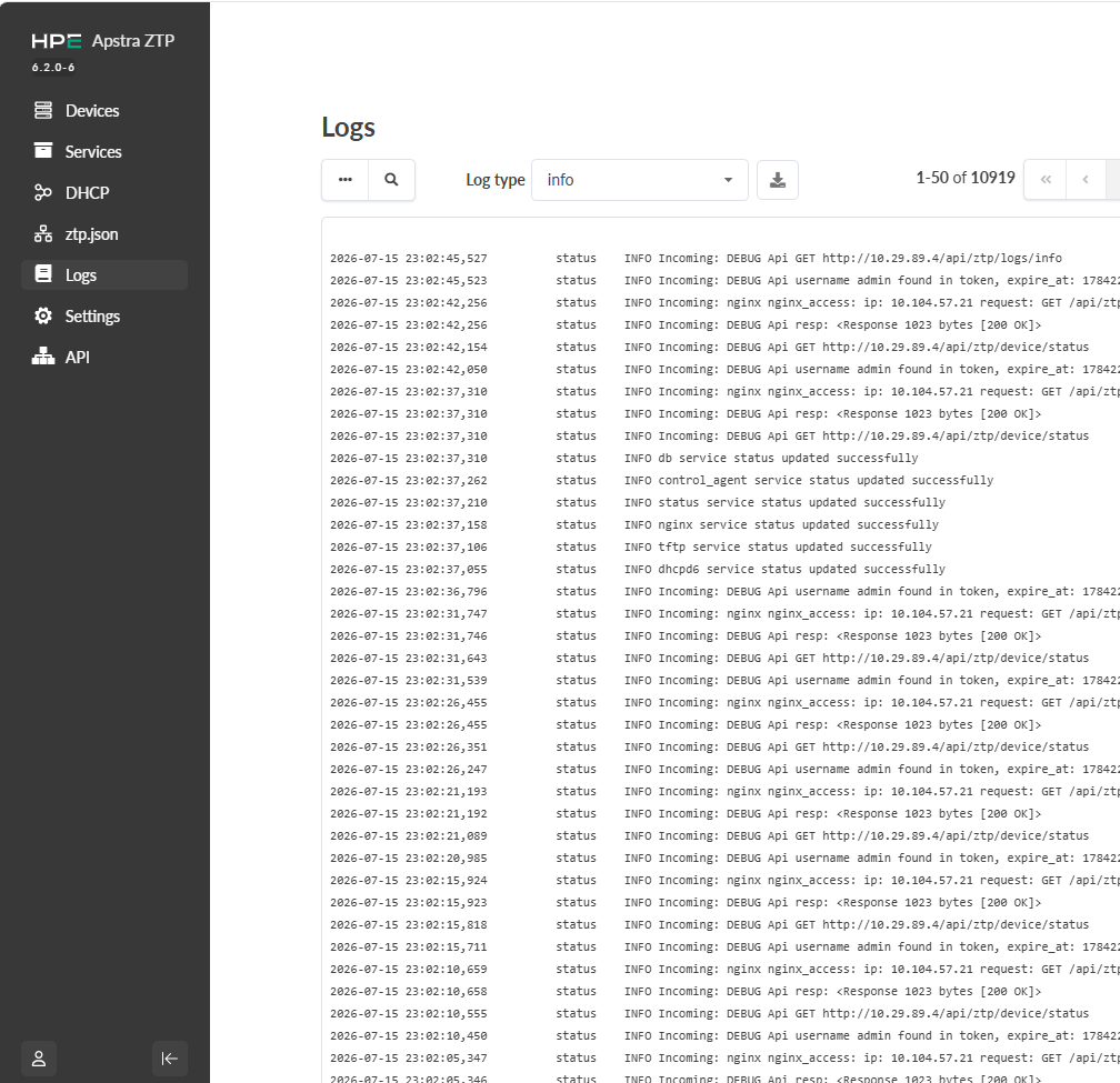 HPE Apstra ZTP application interface showing system logs with timestamps, log types like INFO, and messages about API activities and service updates. Menu includes Devices, Services, DHCP, ztp.json, Logs, Settings, and API. Logs aid in debugging.