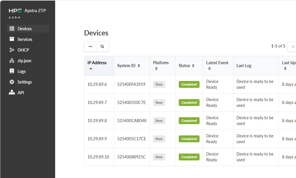 Devices page of HPE Apstra ZTP platform version 6.2.0-6 showing a list of devices with IP addresses, system IDs, linux platform, status marked as Completed, latest event as Device Ready, last log indicating devices are ready, and last update as 8 days ago. Left sidebar includes navigation options like Devices, Services, DHCP, ztp.json, Logs, Settings, and API.