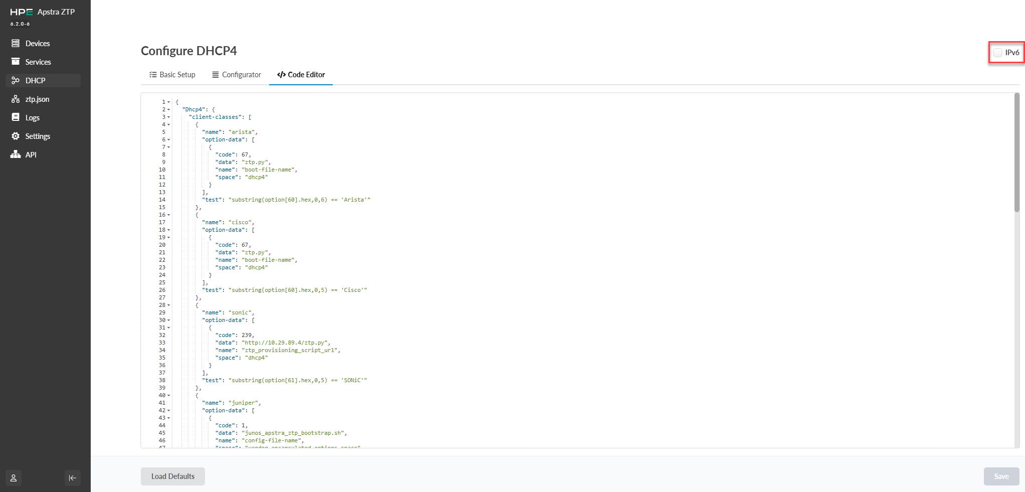 Configure DHCP4 interface of HPE Apstra ZTP platform showing JSON file in Code Editor tab with DHCP options for client classes like arista, cisco, sonic, and juniper. Left sidebar has navigation like Devices, Services, DHCP, Logs, Settings, and API. Top-right corner shows IPv6 toggle. Bottom has Load Defaults and Save buttons.
