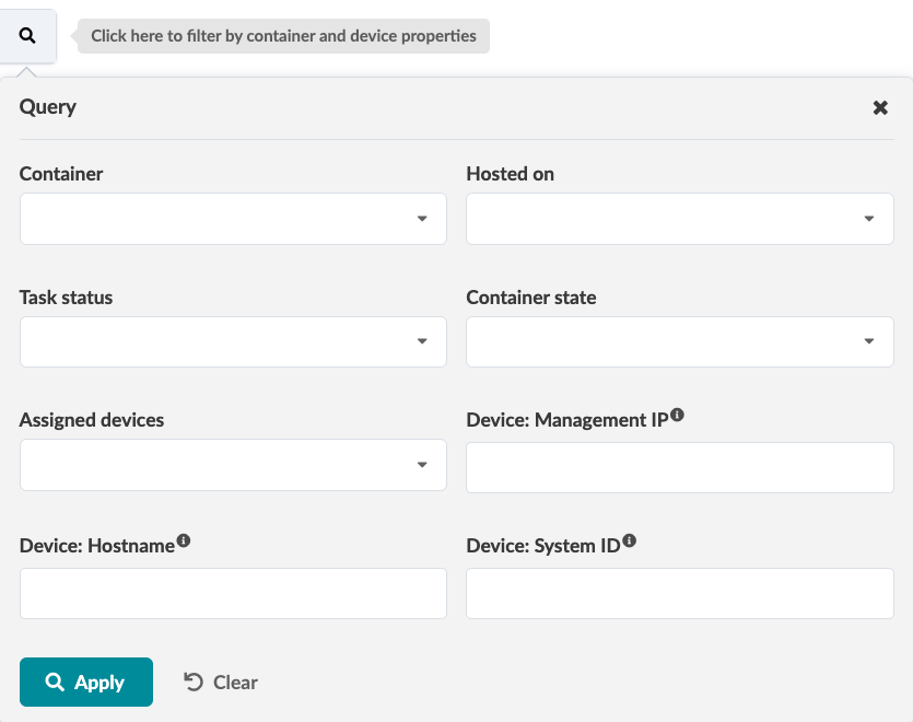 User interface for filtering data with fields for container, hosted on, task status, container state, assigned devices, device management IP, hostname, system ID, and buttons to apply or clear filters.