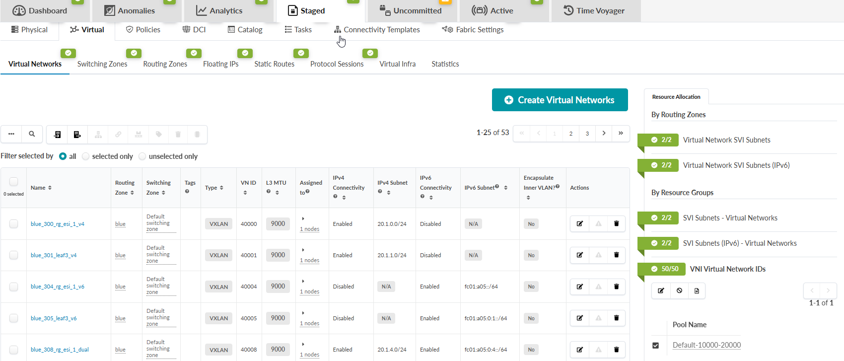 User interface for managing virtual networks with tabs for navigation, a table listing network details like name, type, and subnets, and action buttons for creation and management.