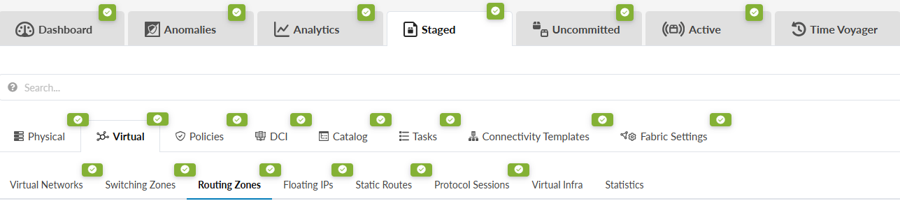 Network management interface with tabs like Dashboard, Analytics, and Time Voyager, menu options such as Physical and Virtual, and submenu features under Virtual including Virtual Networks and Statistics.