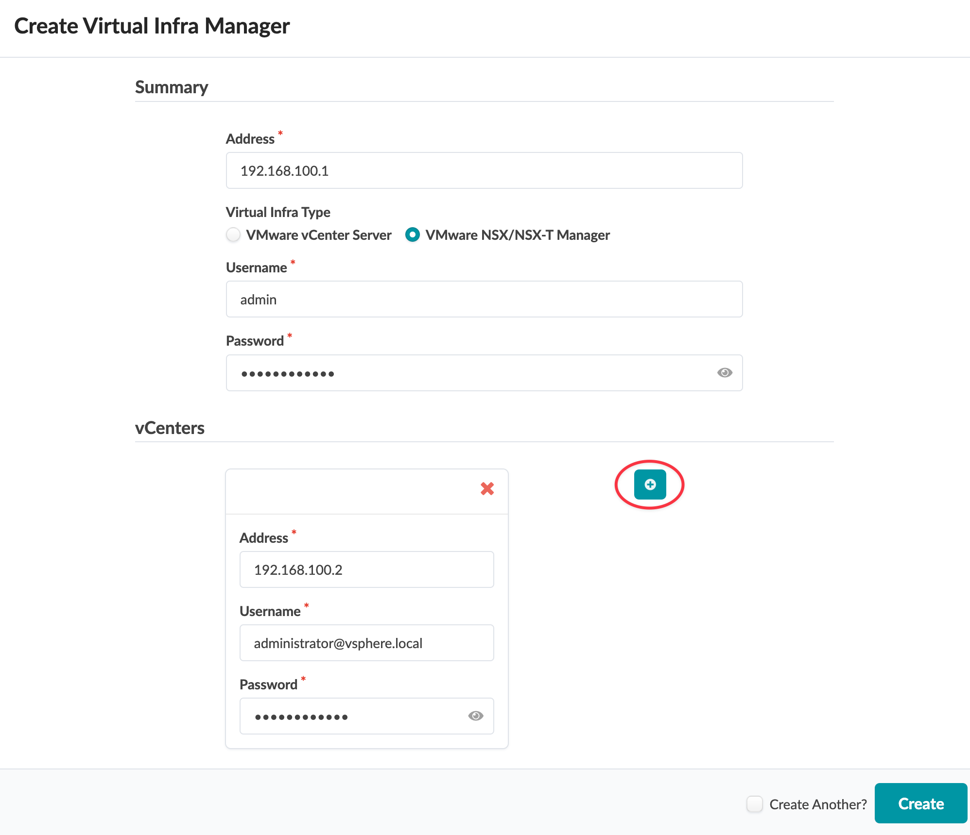 User interface for creating Virtual Infra Manager with NSX-NSX-T Manager selected, showing IP 192.168.100.1, admin username, vCenter IP 192.168.100.2, and options to add or delete vCenter.