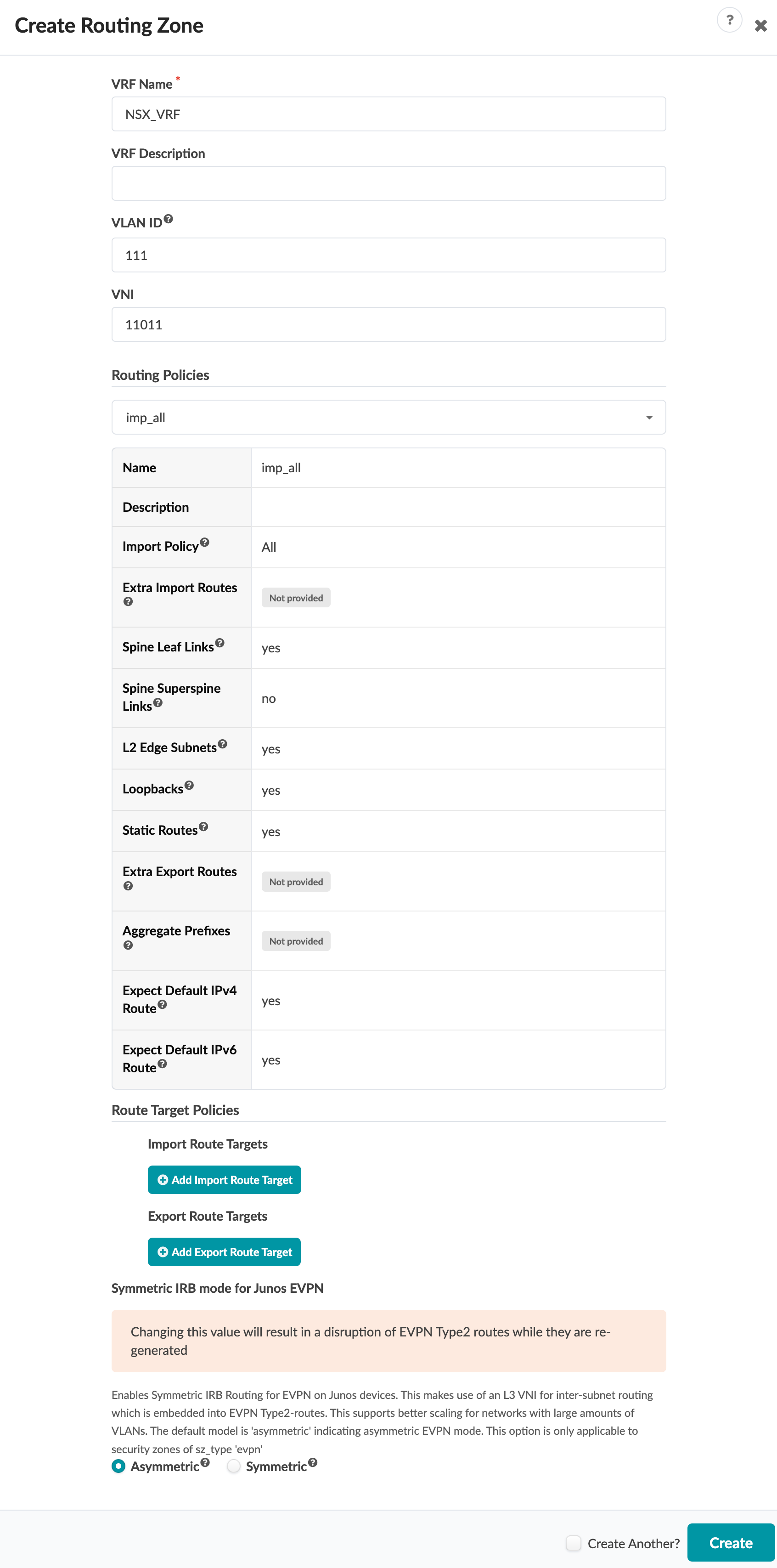 Screenshot of a configuration interface for creating a Routing Zone with VRF name NSX_VRF, VLAN ID 111, VNI 11011, and routing policies.