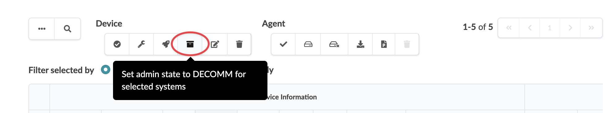Toolbar in a system management tool with a highlighted icon to set admin state to DECOMM for selected systems.