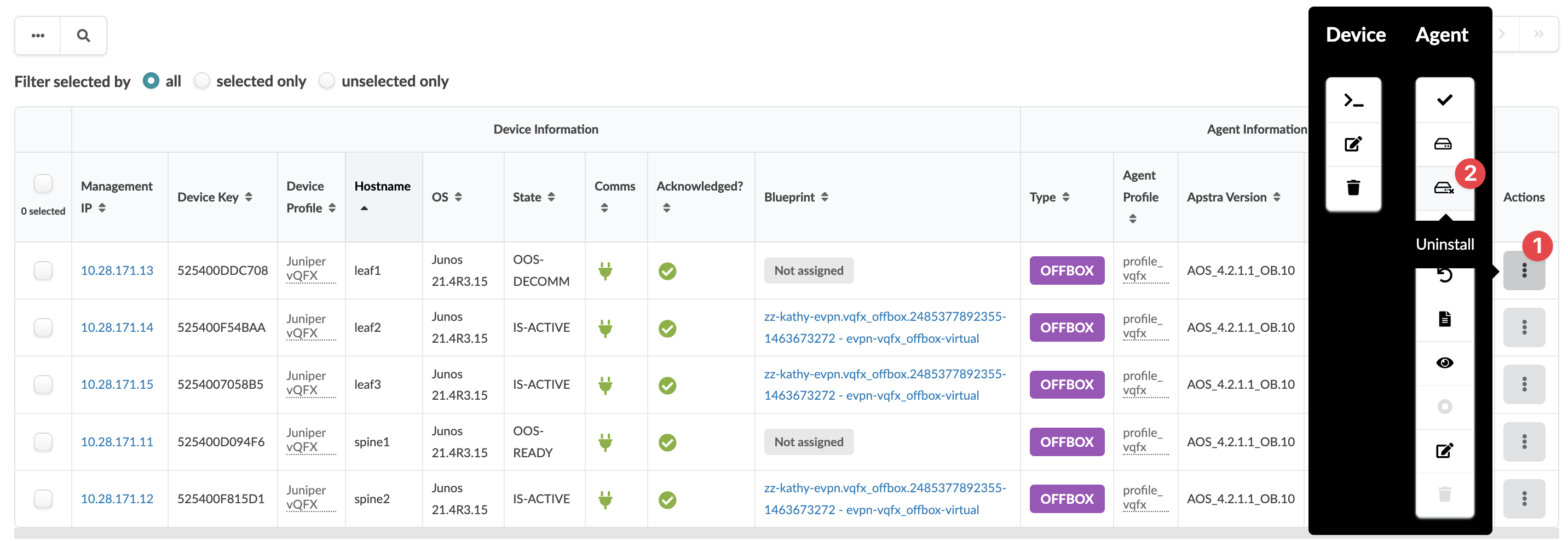 Screenshot of a network management interface displaying a table of network devices with details like management IP addresses, device keys, profiles, hostnames, operating systems, states, communication and acknowledgment statuses, blueprints, types, agent profiles, and Apstra versions. A vertical actions menu on the right provides device and agent management options.
