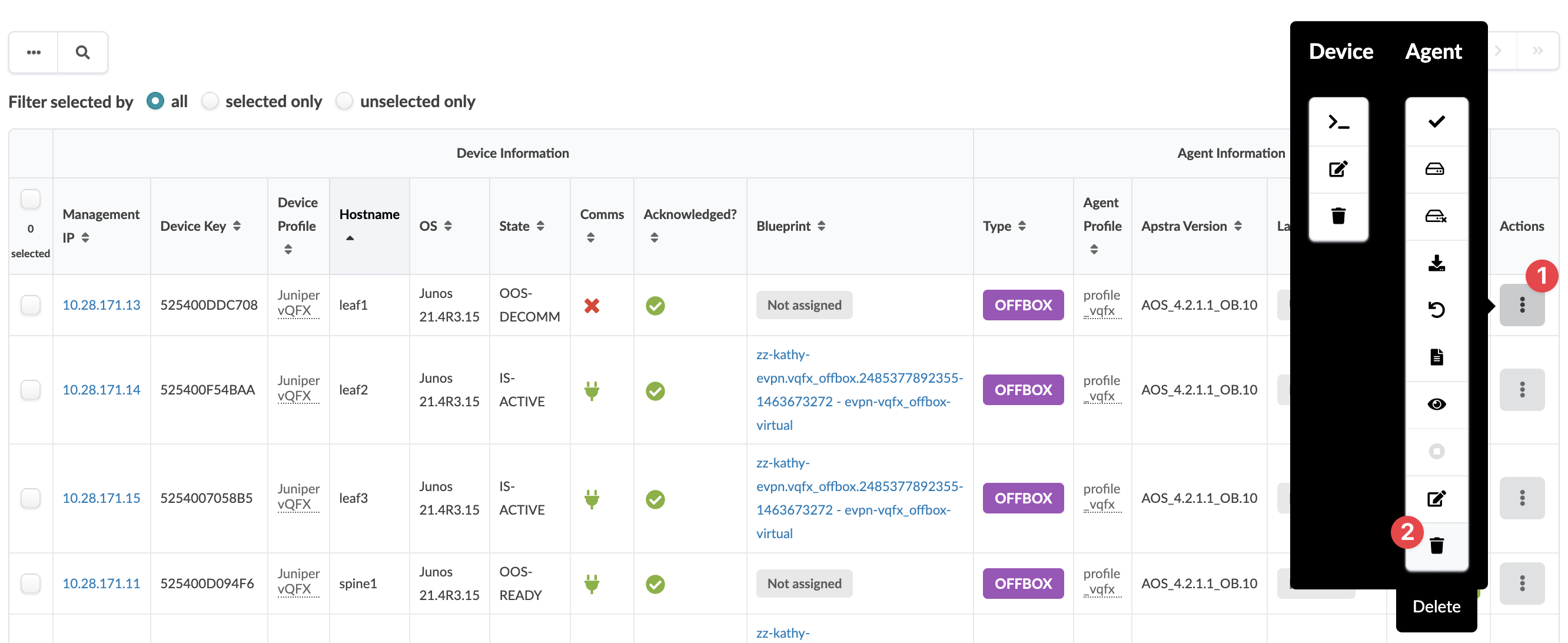 Network management interface showing a table of devices with attributes like Management IP, Device Key, and OS. Actions menu on the right with 'Delete' selected.