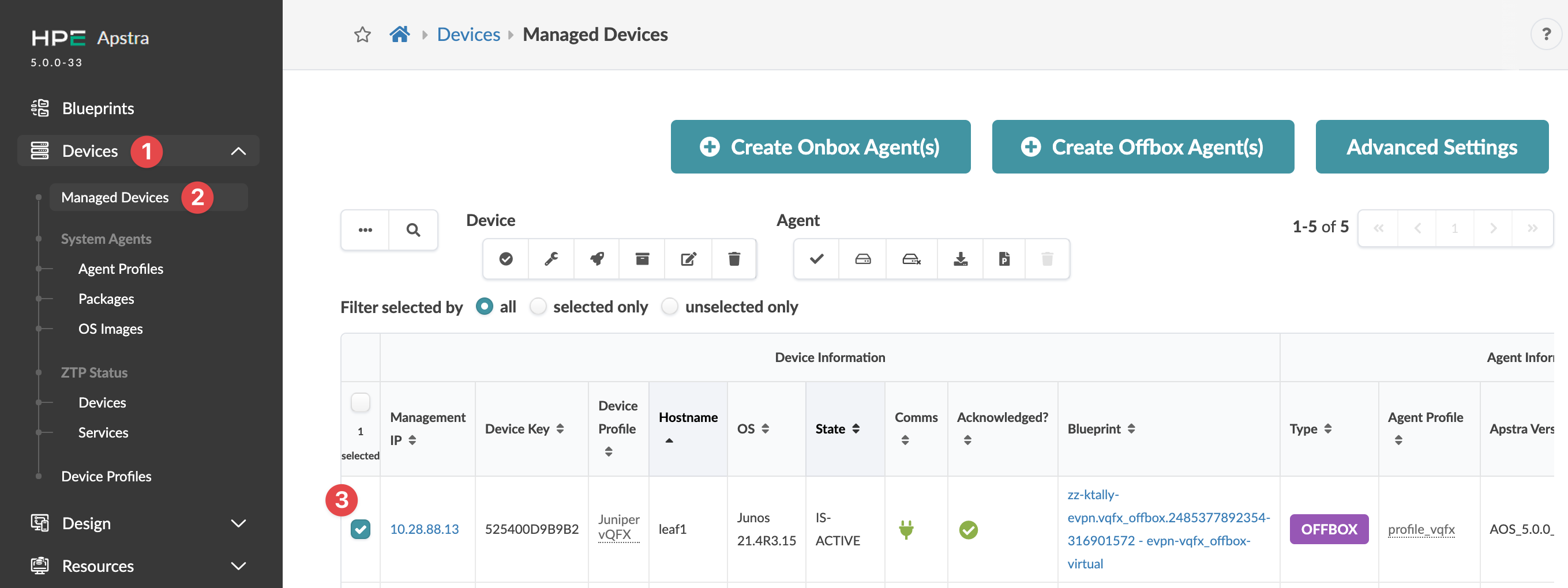 Juniper Apstra Managed Devices UI showing navigation panel, top action buttons, and device table with details like Management IP, Device Key, and OS.