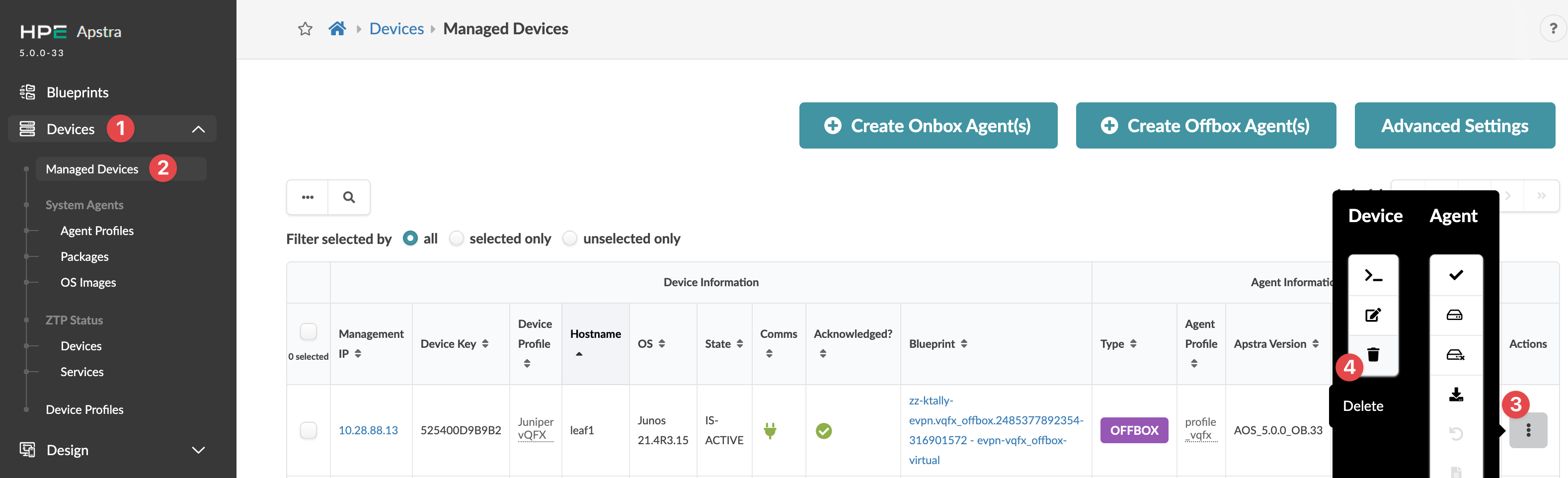 Juniper Apstra Managed Devices interface showing a table of devices with details like Management IP, Device Key, and Device Profile.
