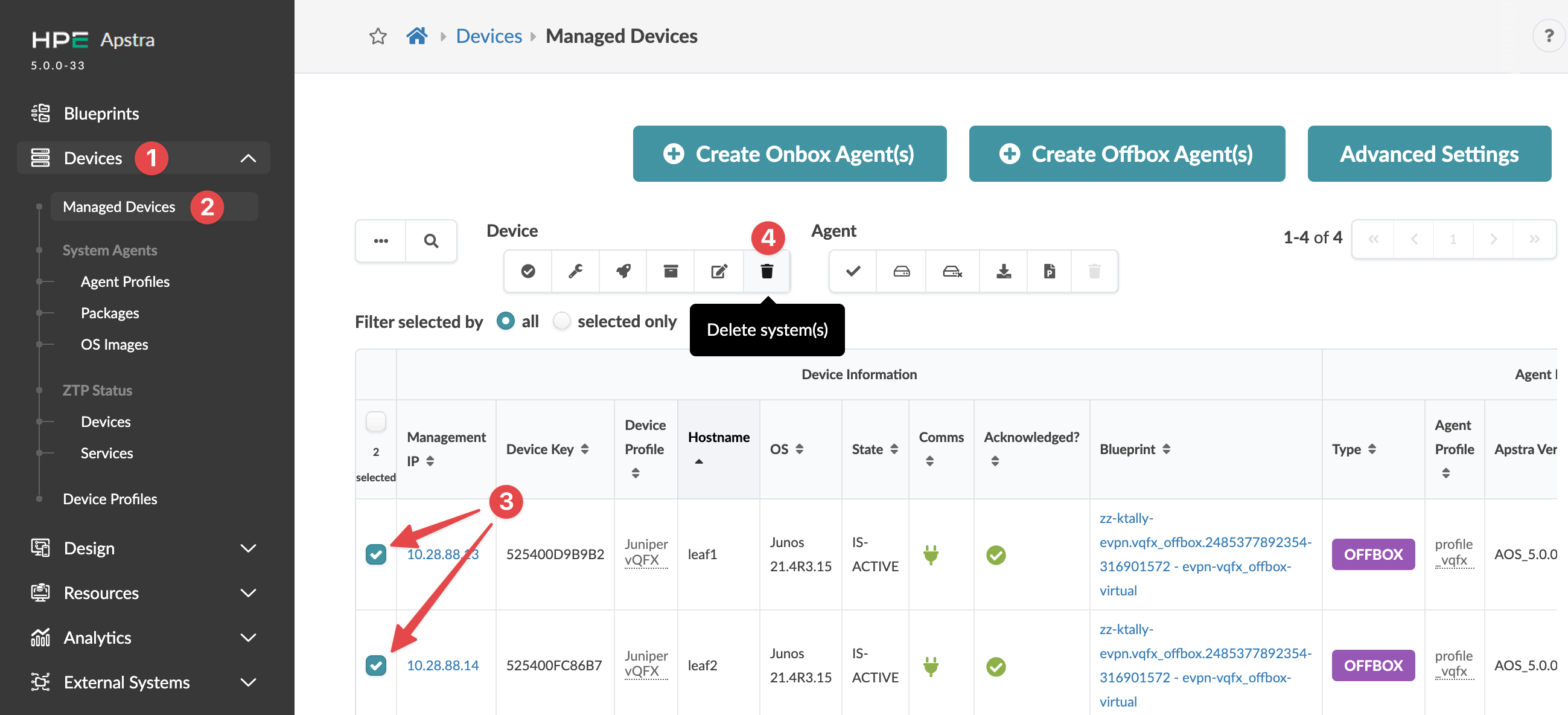 Juniper Apstra interface showing Managed Devices section with a list of devices, navigation panel, and action buttons.