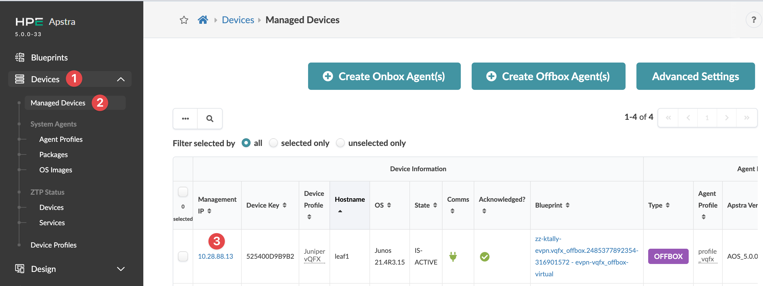 Juniper Apstra Managed Devices interface showing a list with Management IP, Device Key, Hostname, OS Version, and State. Options for creating Onbox and Offbox agents and accessing advanced settings are visible. Sidebar includes navigation options like Blueprints, Devices, and System Agents.