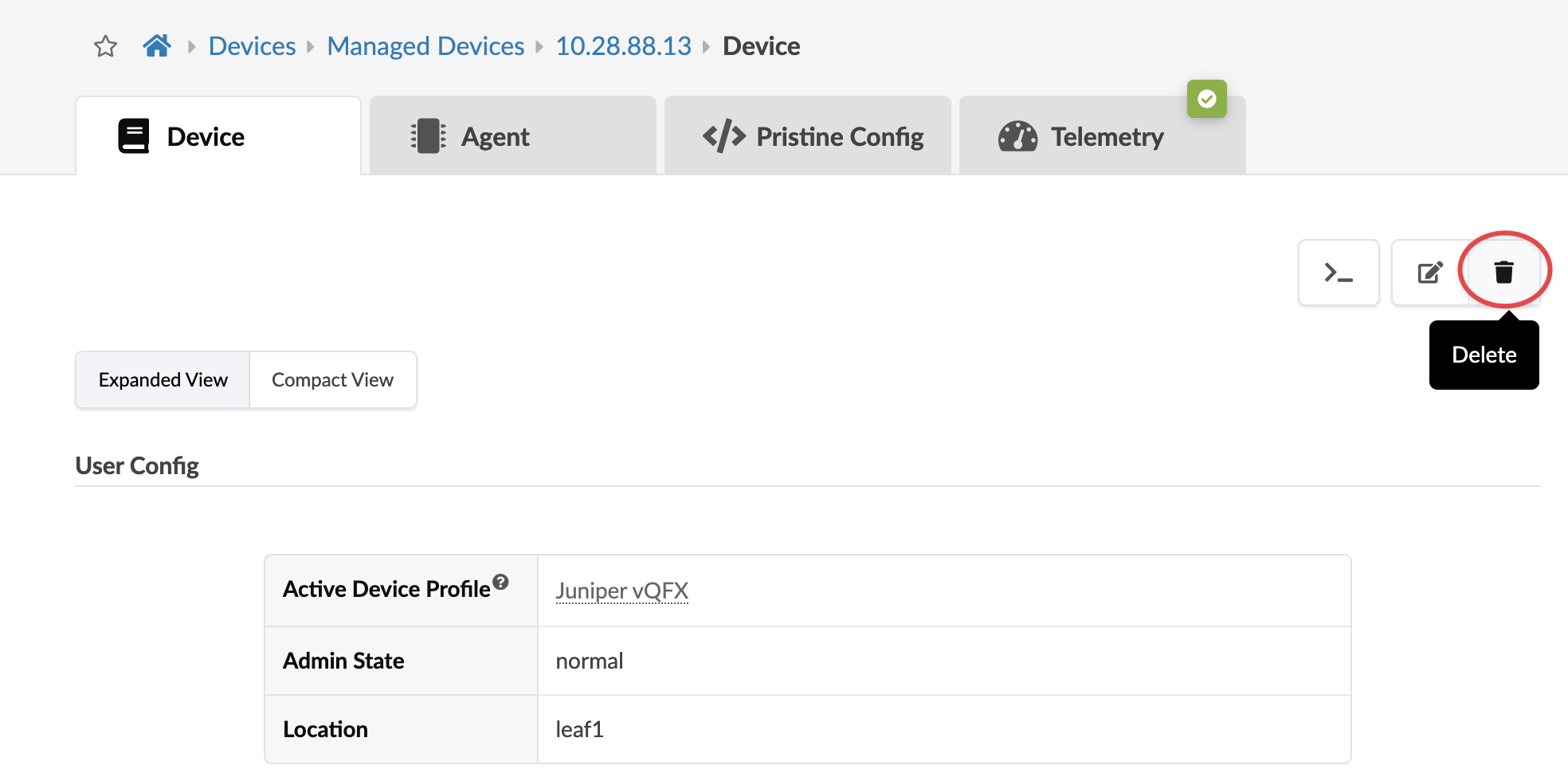 Network management interface displaying Juniper vQFX device with IP 10.28.88.13. Tabs include Device, Agent, Pristine Config, and Telemetry. Admin State is normal. Location is leaf1. Options for Expanded and Compact Views. Trash icon for delete action.