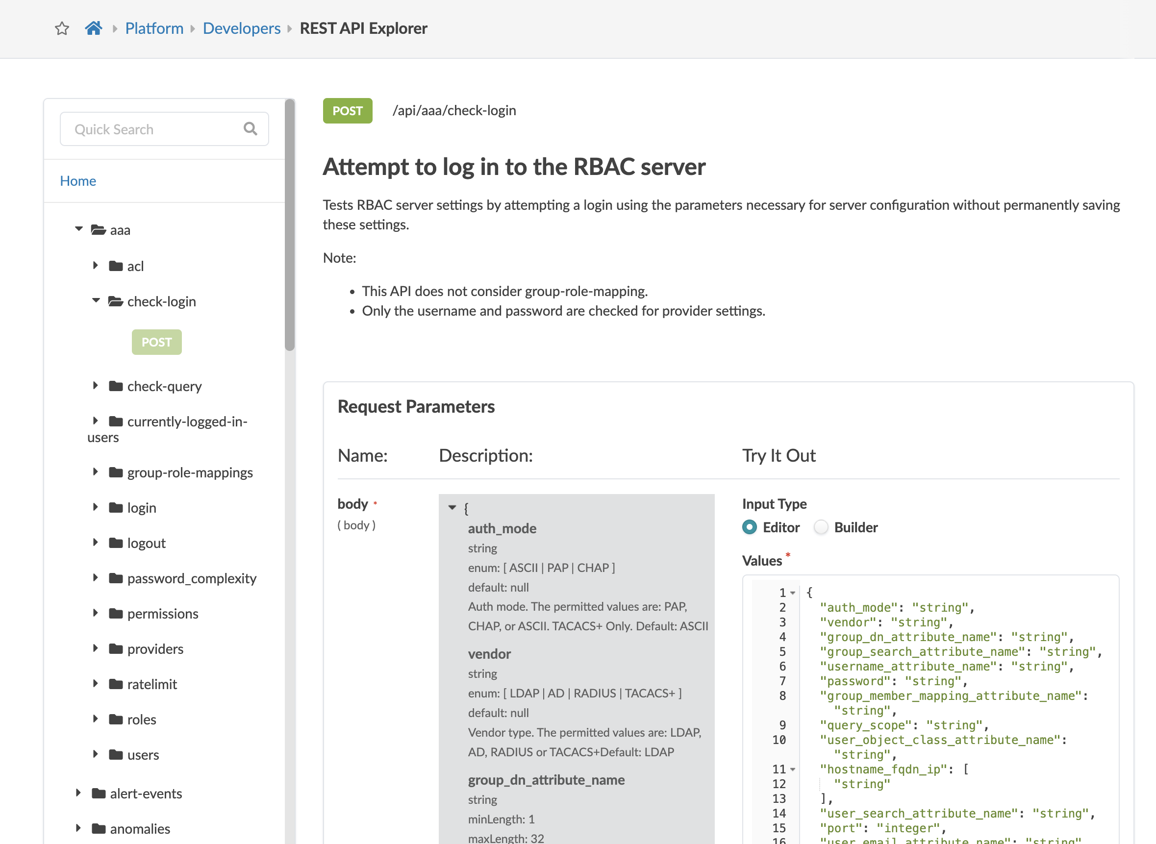 REST API Explorer interface displaying POST /api/aaa/check-login endpoint documentation for testing RBAC server login using parameters like username and password.