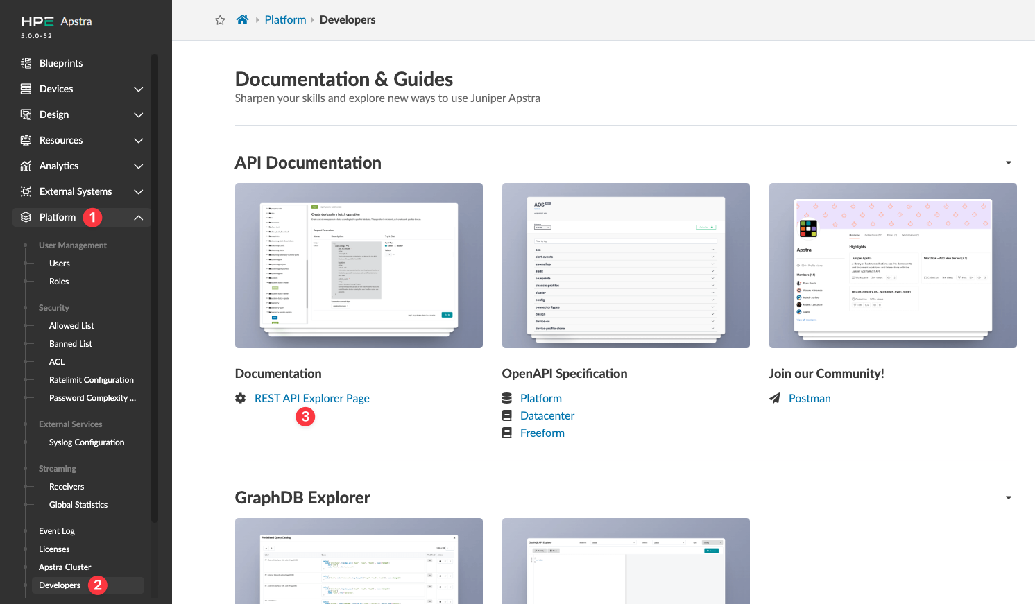 Juniper Apstra Developers section with navigation for Blueprints, Devices, Design, Resources, and Platform features.