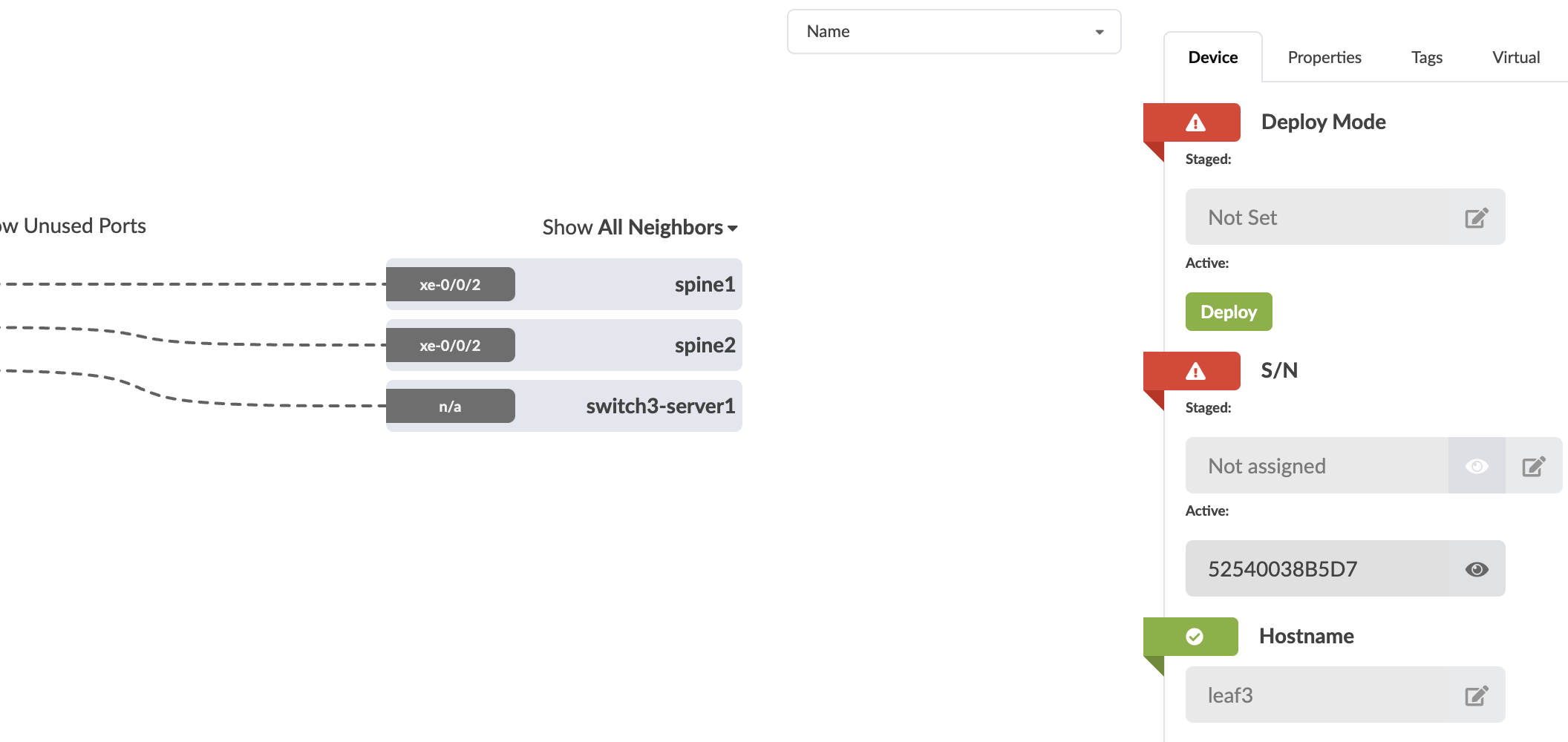 Network management interface showing connections between spine1, spine2, and switch3-server1, device details for leaf3 with active hostname and serial number, and red warnings for deploy mode and staged serial number.