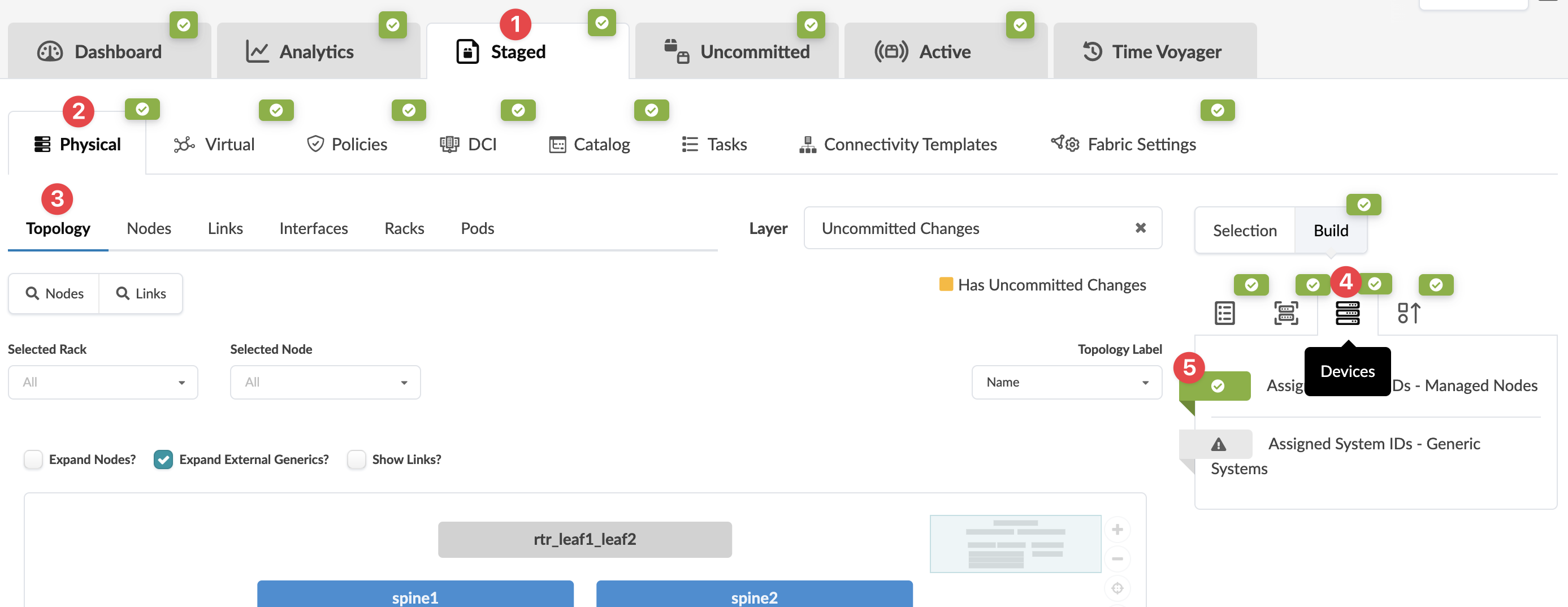 Screenshot of a network management tool interface with tabs for Dashboard, Analytics, and Staged. Physical tab is selected, focusing on physical network components. Topology tab displays network nodes labeled spine1 and spine2 connected to rtr_leaf1_leaf2.