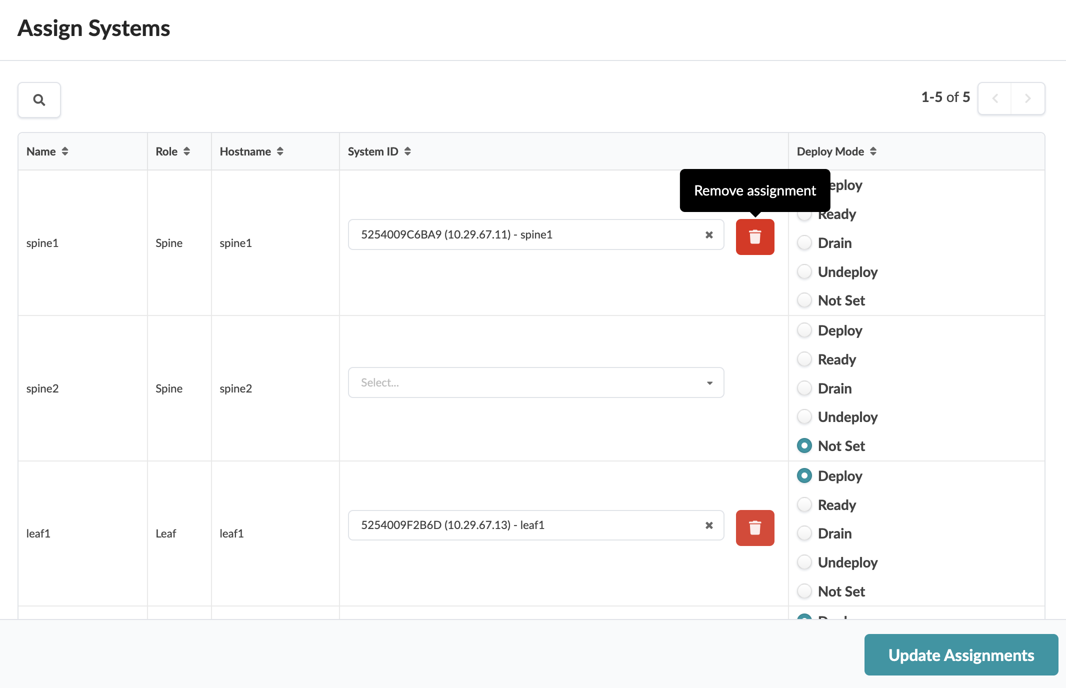 User interface for assigning systems with columns Name, Role, Hostname, System ID, and Deploy Mode. Includes buttons for removing and updating assignments.