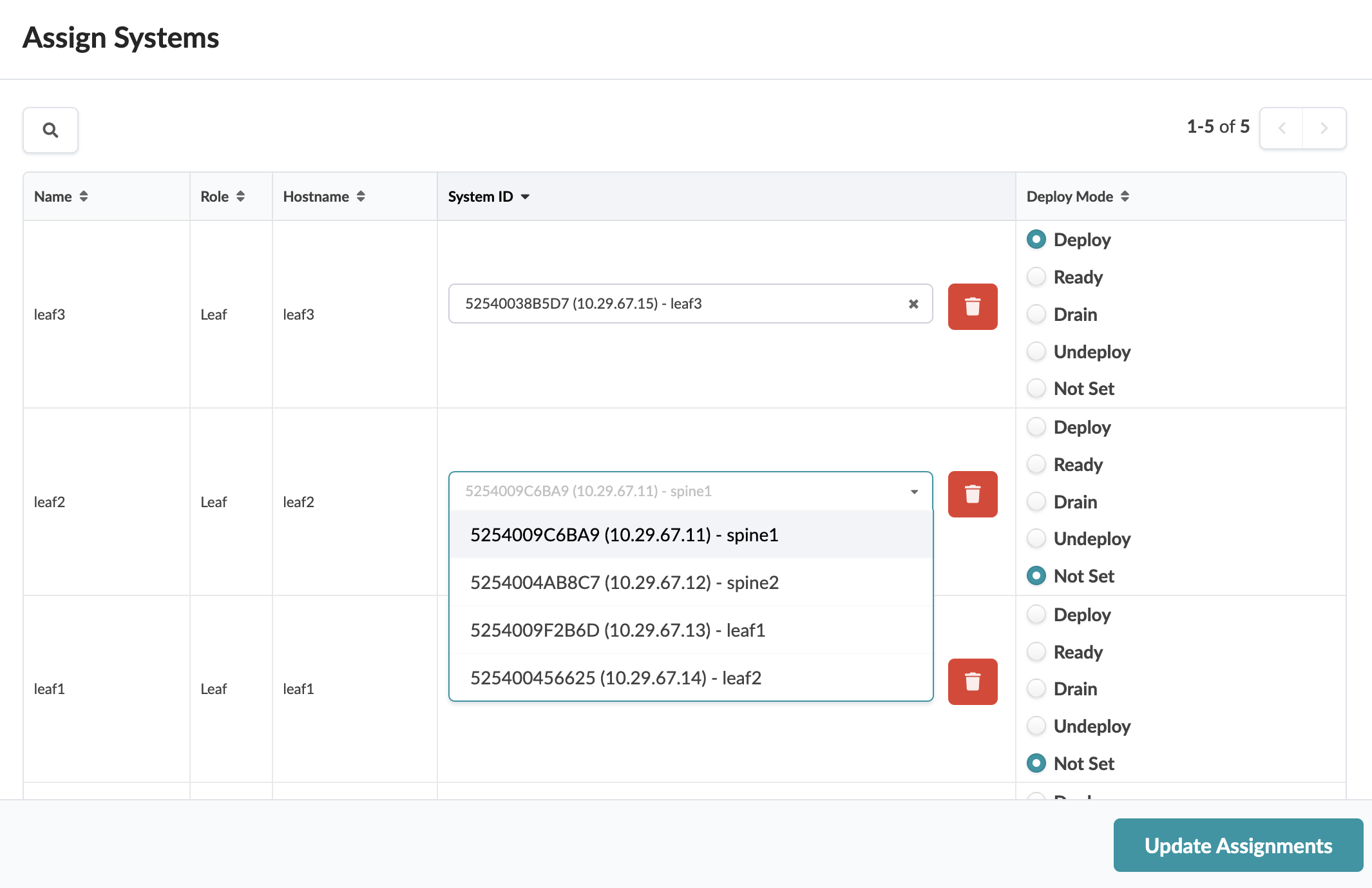 Web-based interface for assigning systems with columns Name, Role, Hostname, System ID, Deploy Mode. Options include Deploy, Ready, Drain, Undeploy, Not Set. Update Assignments button at bottom.