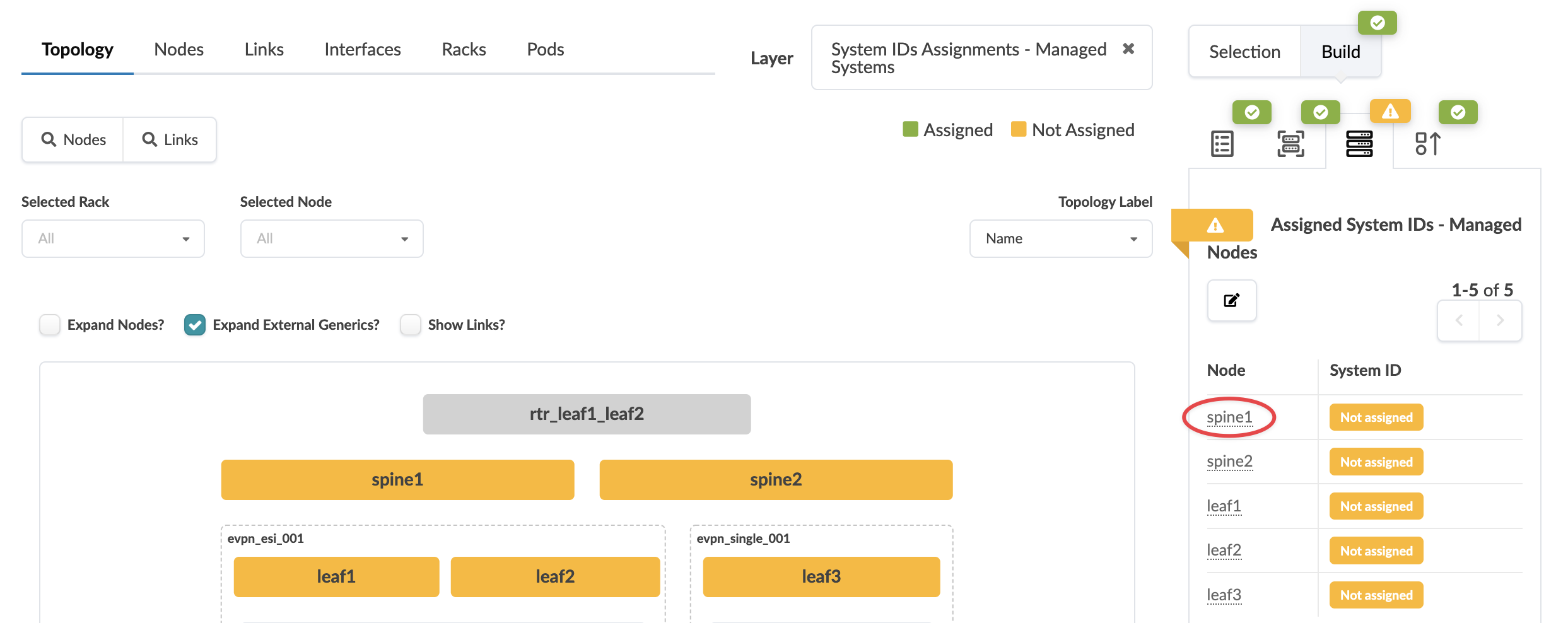 Network topology interface showing nodes spine1, spine2, leaf1, leaf2, and leaf3 in yellow for not assigned system IDs. Tabs at top include Topology, Nodes, Links, Interfaces, Racks, Pods. Legend indicates green for assigned and yellow for not assigned system IDs. Node list table displays all nodes as not assigned. Options to expand nodes, external generics, and show links. Yellow warning icons highlight unassigned system IDs.