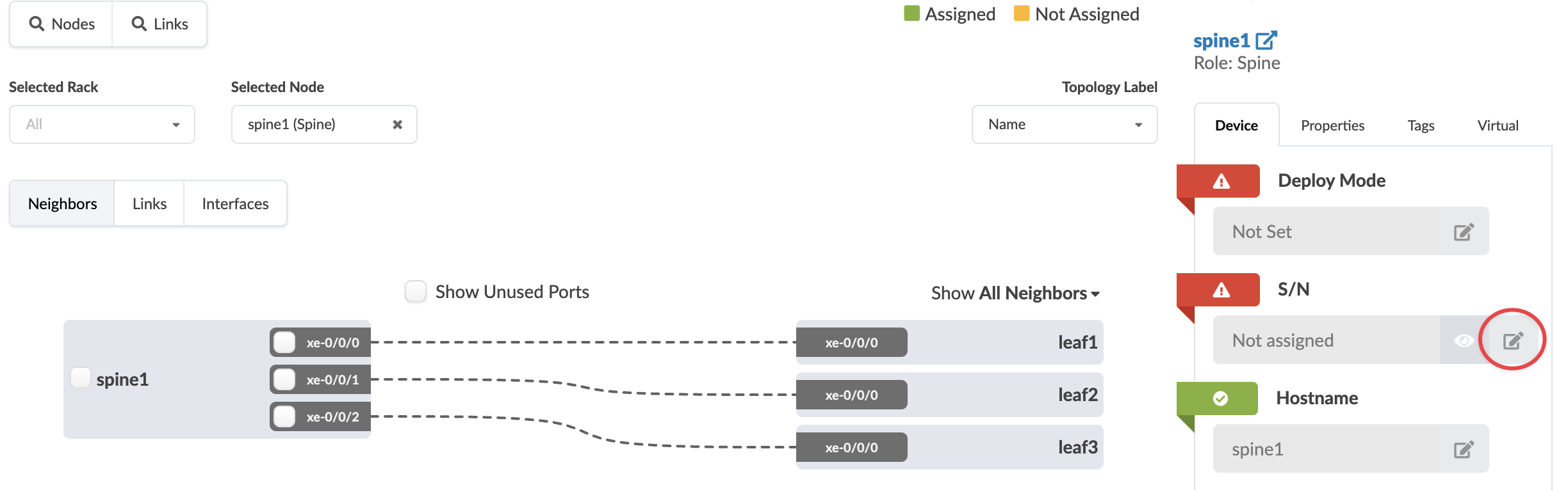 Network topology interface showing spine1 device as Spine role with red warnings for Deploy Mode and Serial Number. Connected to leaf1, leaf2, leaf3 via interfaces xe-0/0/0, xe-0/0/1, xe-0/0/2.
