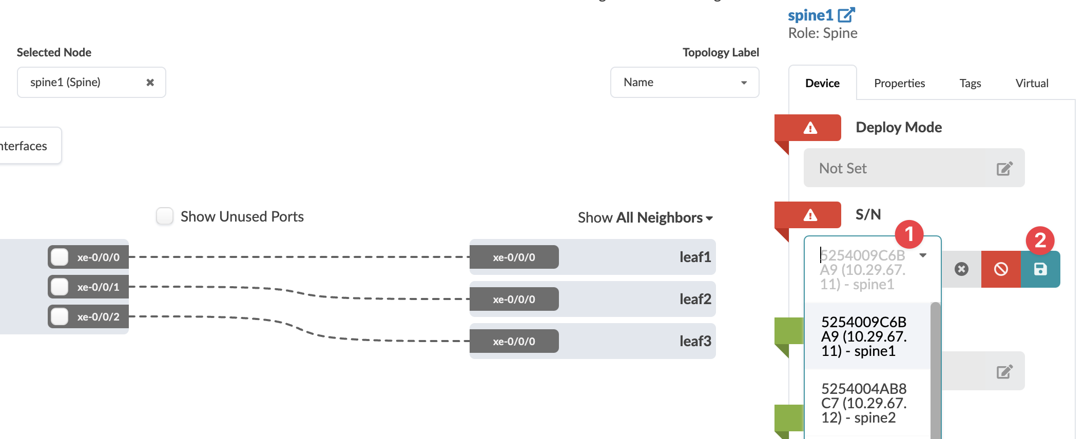 Network management interface showing spine1 node as selected with connections to leaf1, leaf2, and leaf3 via specific ports. Device tab details spine1, deploy mode unset with warning icon. Options include show unused ports checkbox and show all neighbors dropdown. Action buttons for saving and canceling.