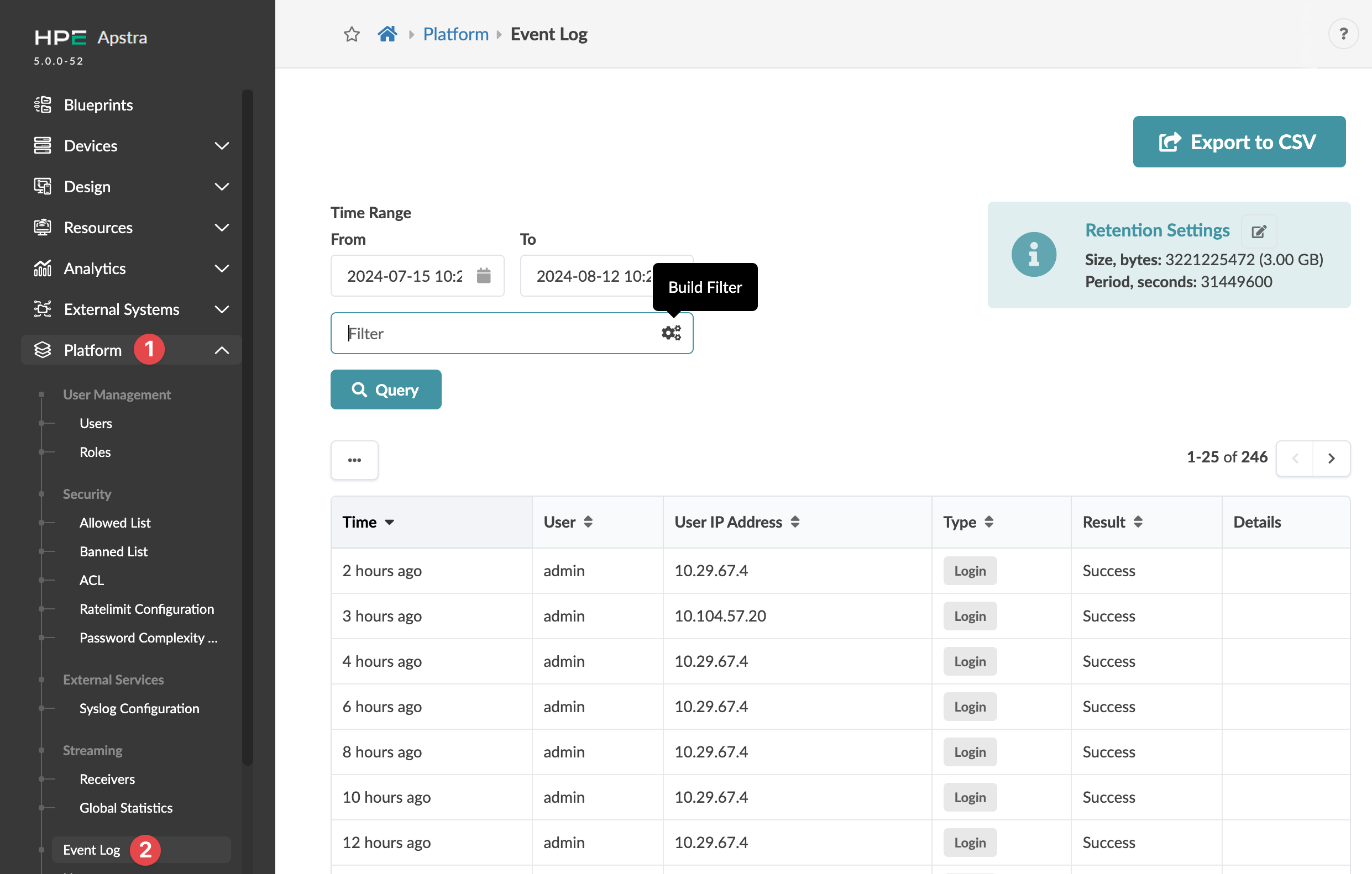 Event Log section of Juniper Apstra platform version 5.0.0-52 showing navigation panel with Platform expanded, event details including time, user, user IP, type, result, filters, export options, and pagination for administrators to monitor system activity.