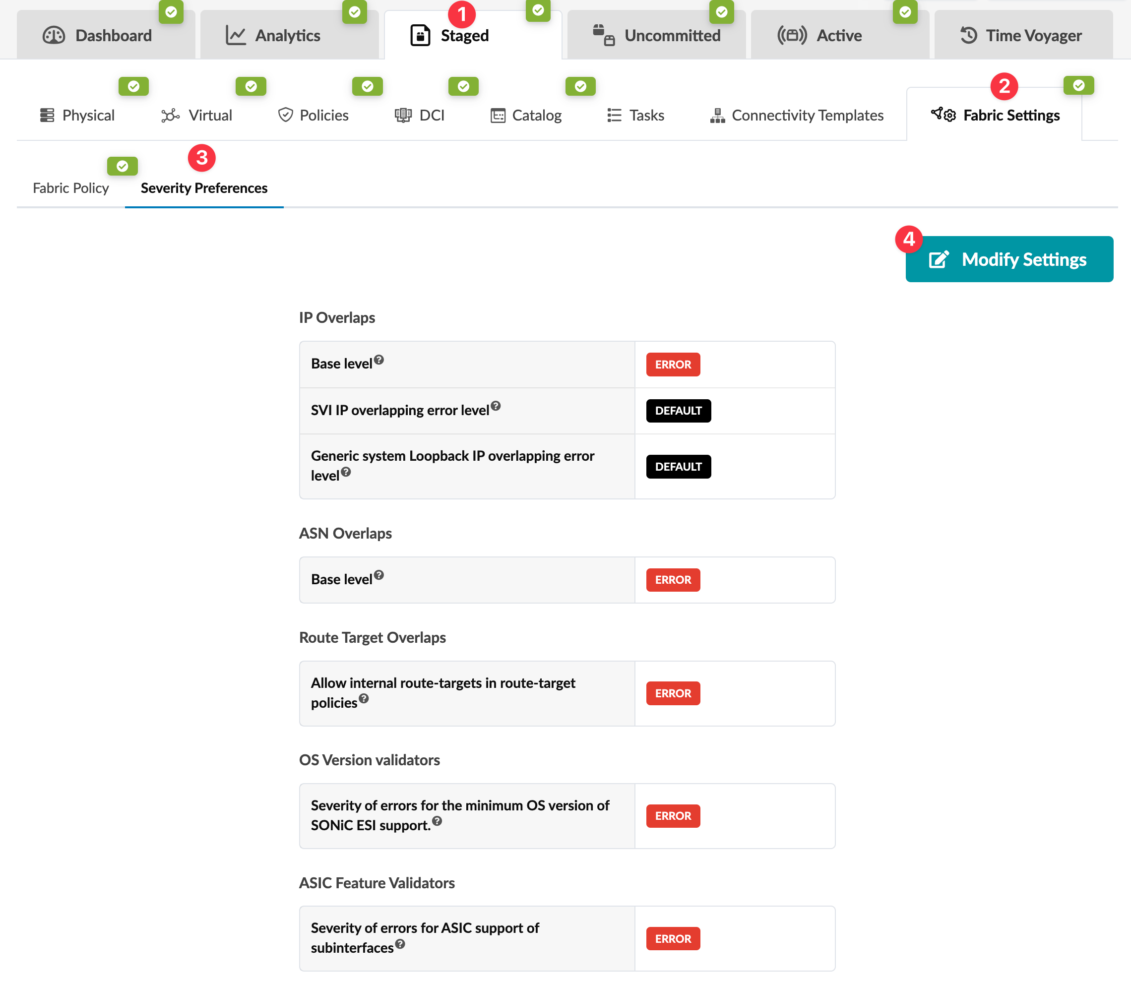 Fabric Settings under Severity Preferences showing network configuration options like IP Overlaps and ASN Overlaps with severity levels set to ERROR and DEFAULT.