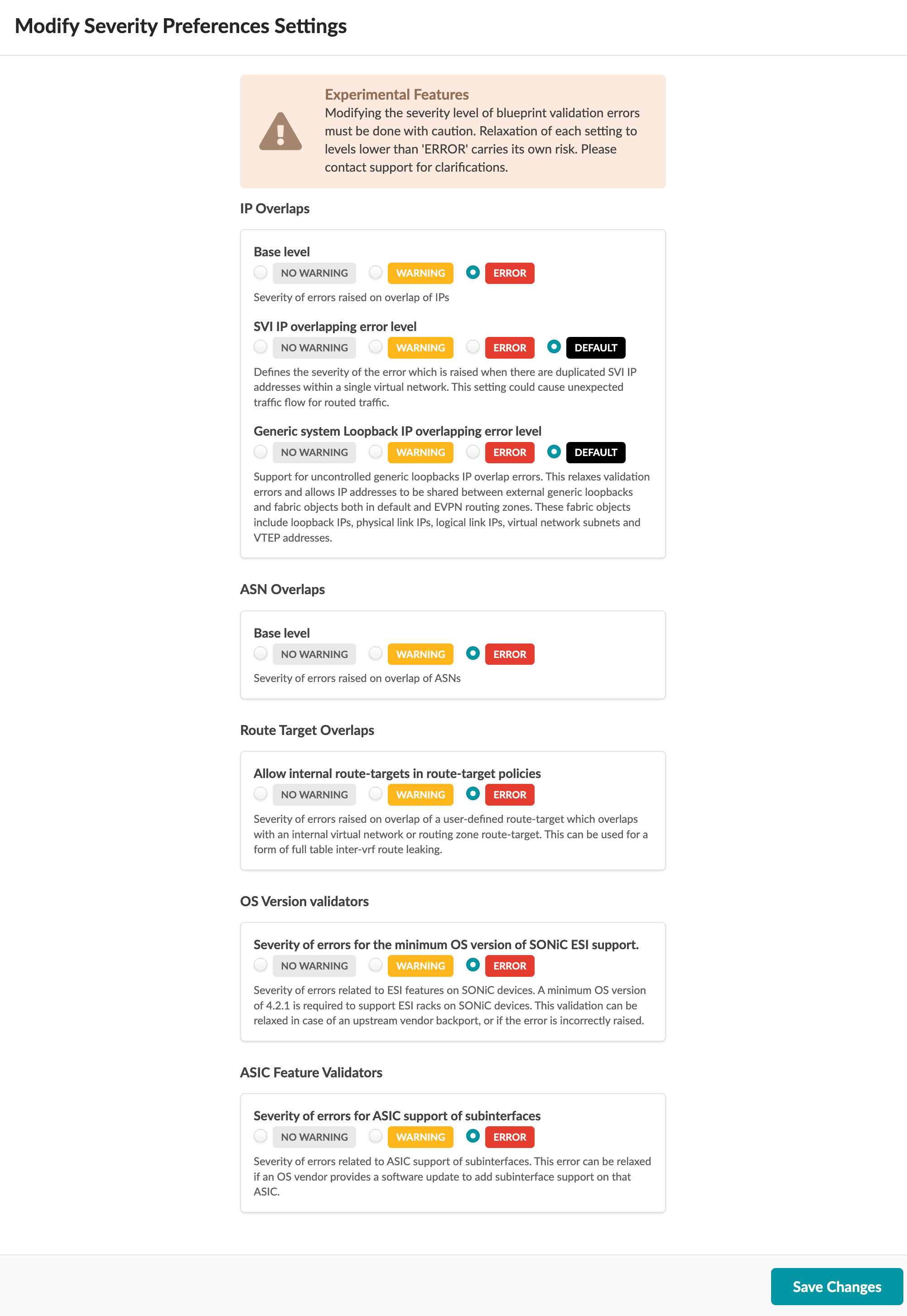 Configuration interface for adjusting severity levels of network validation errors, with sections for IP, ASN, Route Target overlaps, OS, and ASIC validators. Includes a Save Changes button.
