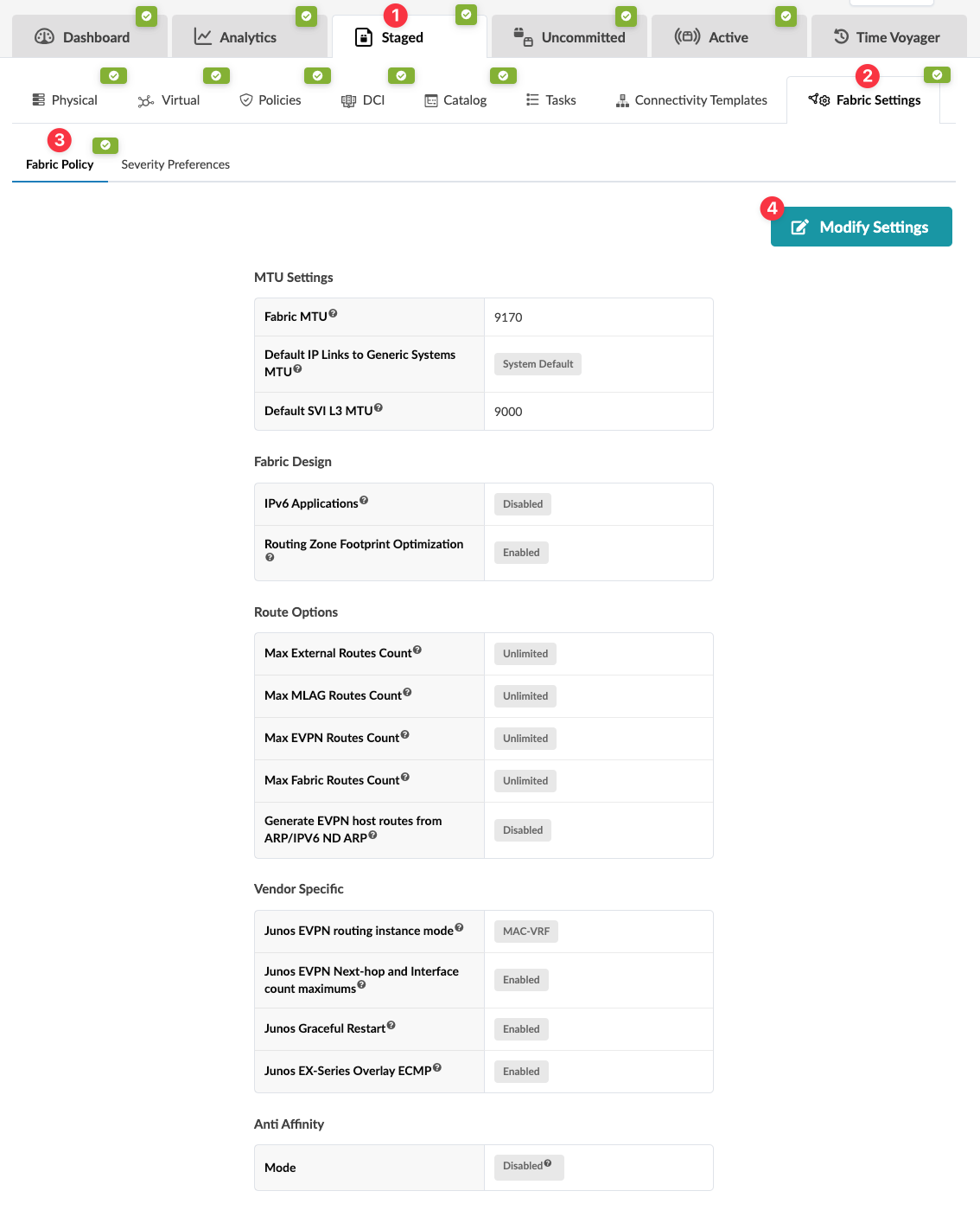 Screenshot of network management interface showing Fabric Settings with MTU set to 9170, IPv6 disabled, and various route counts unlimited.