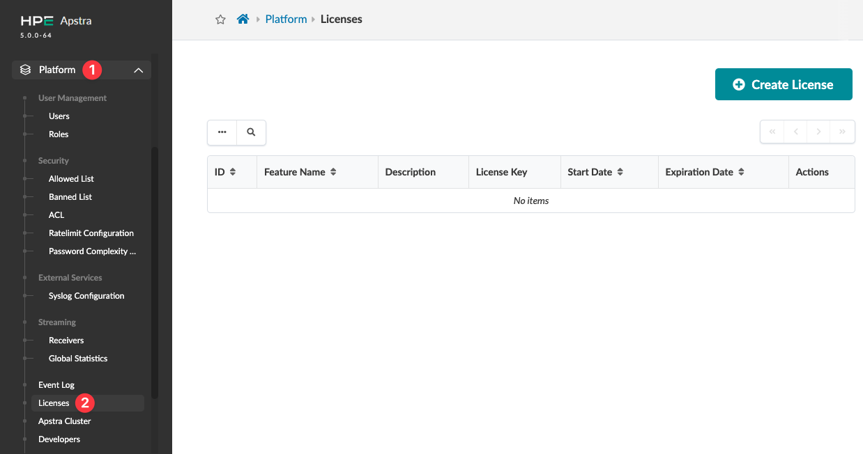 Juniper Apstra Licenses section UI with highlighted Licenses menu, empty table, and Create License button.
