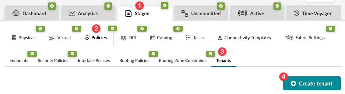 Screenshot of a network management tool UI displaying tabs: Dashboard, Analytics, Staged, Uncommitted, Active, and Time Voyager. Policies section manages Physical and Virtual resources with options like Endpoints and Security Policies. Tenants section highlighted with a Create Tenant button, suggesting tenant management functionality.