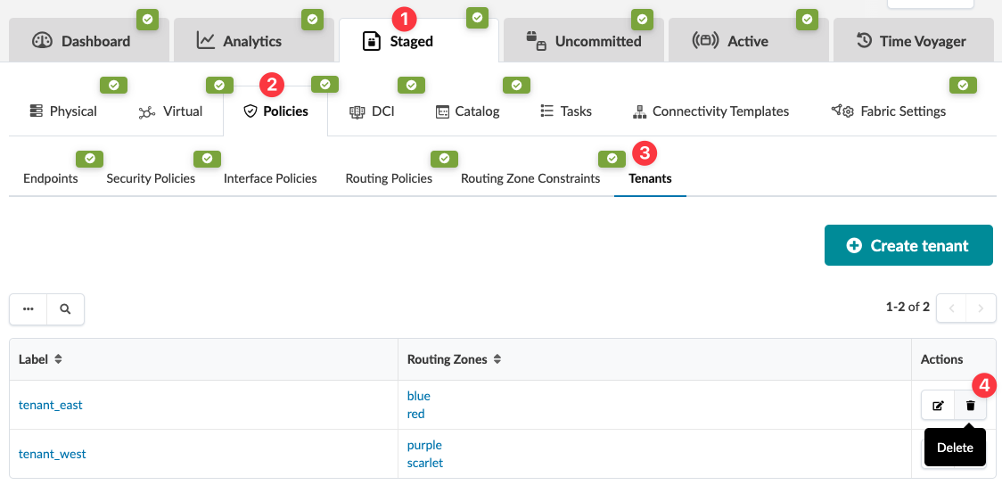 User interface for managing tenants and routing zones, showing tenant list with labels, routing zones, edit and delete actions, and a Create tenant button.