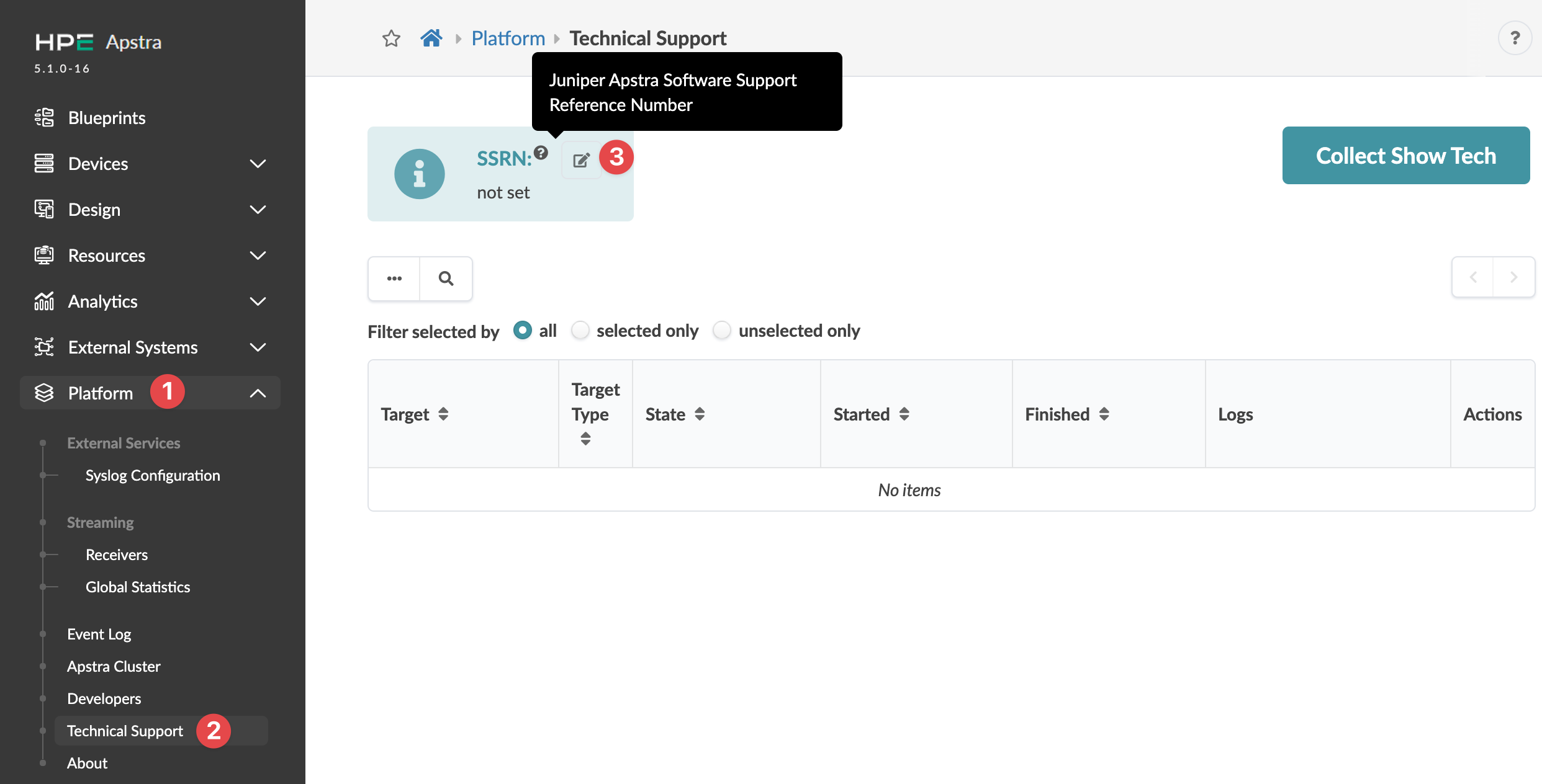 Juniper Apstra interface showing Technical Support section with navigation menu on the left, SSRN box, and Collect Show Tech button.