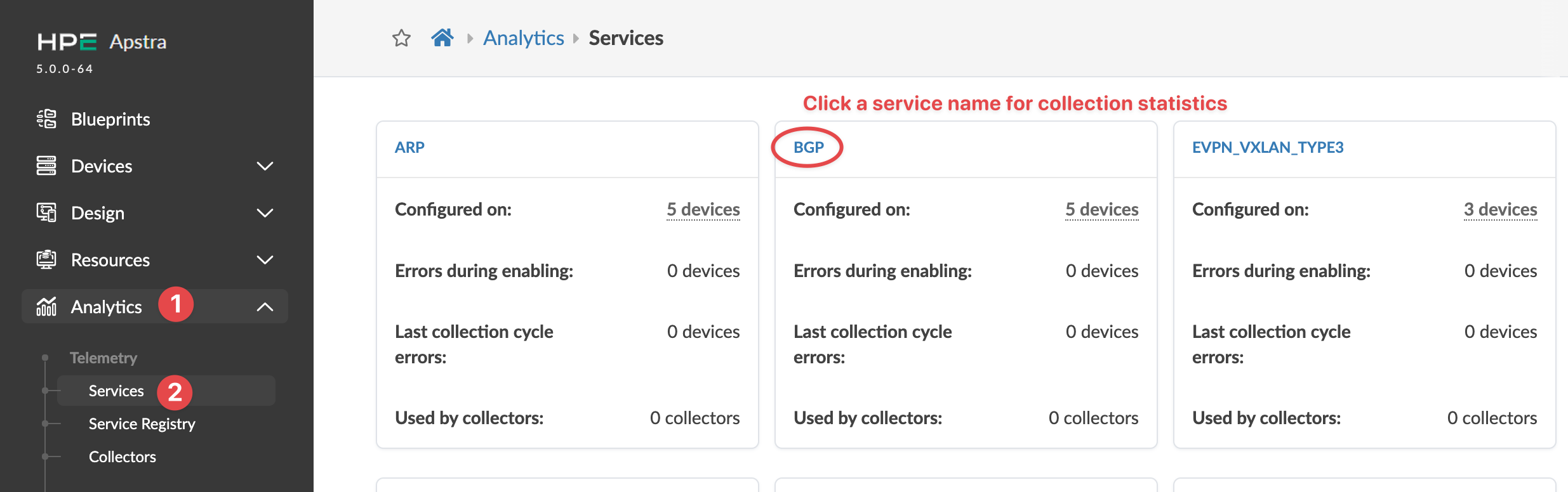 Screenshot of Juniper Apstra UI showing Analytics under Telemetry for Services; BGP service is highlighted with details on configuration and errors.