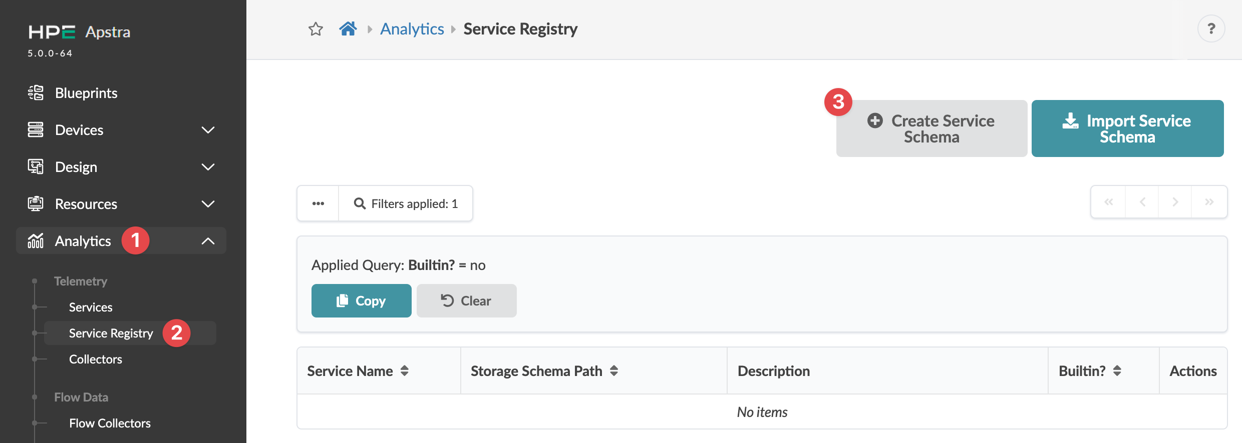 Service Registry interface in HPE Apstra under Analytics menu with options to create or import service schemas, query filters, and an empty table displaying columns for service details.