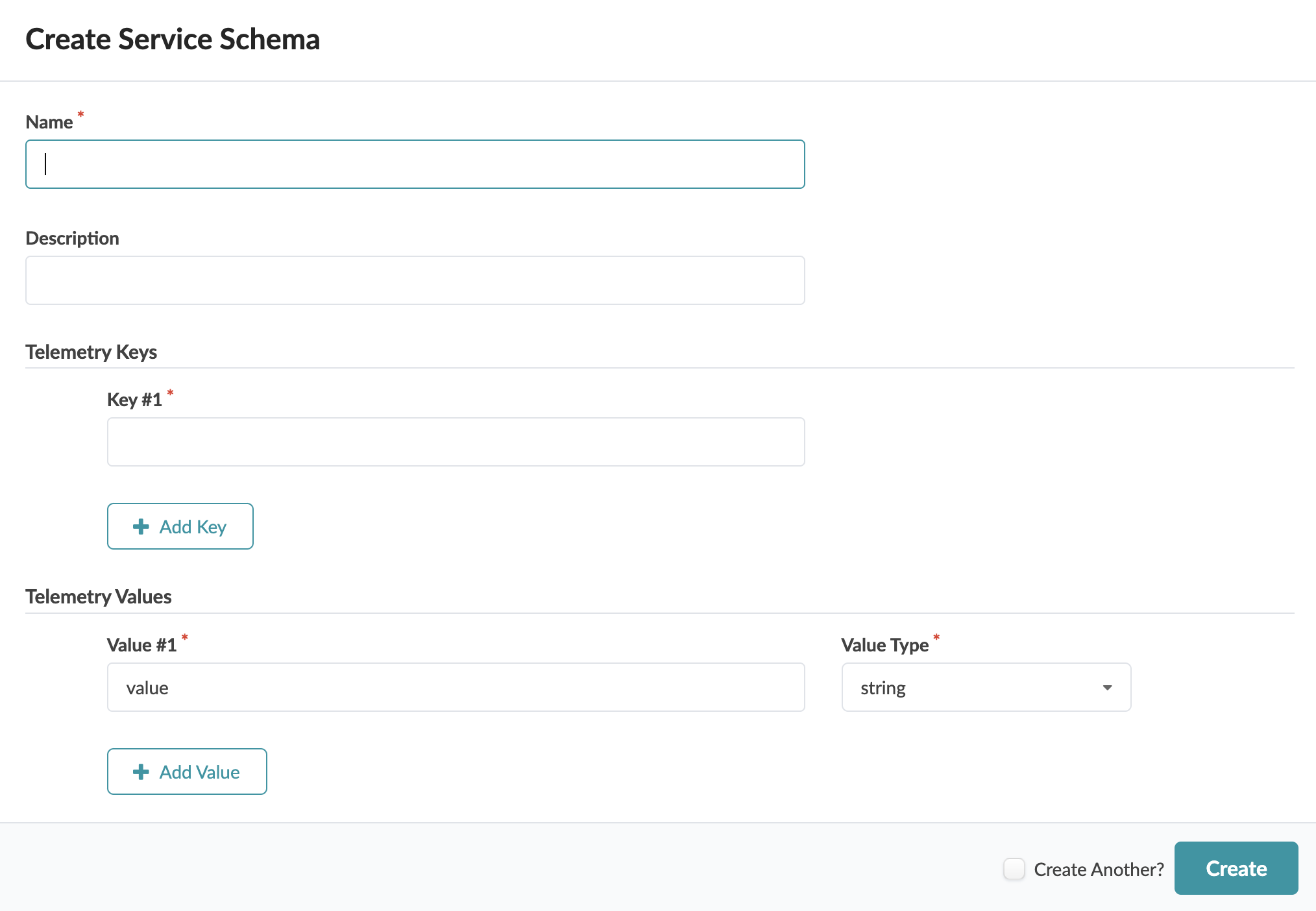 Form titled Create Service Schema with sections for Name, Description, Telemetry Keys, Telemetry Values, Create Another checkbox, and Create button.